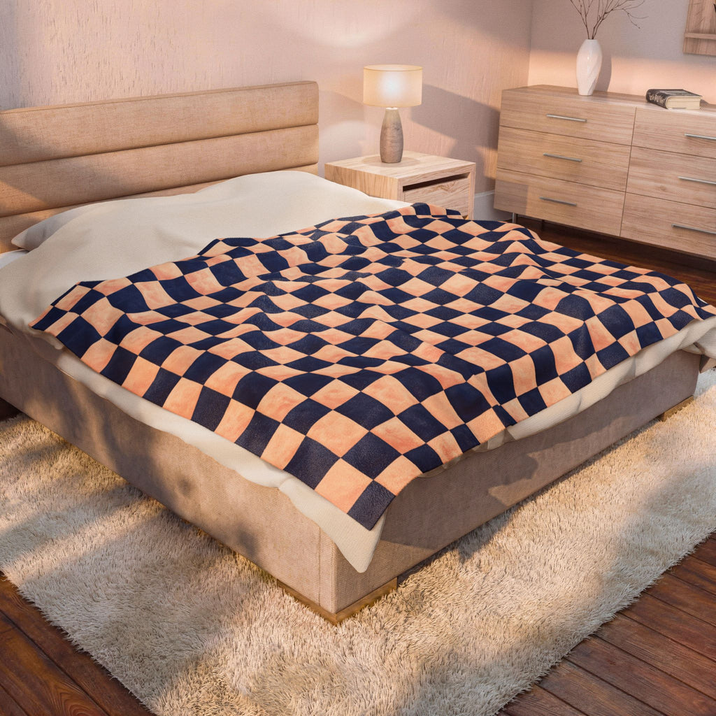 Couverture en peluche veloutée – Plaid confortable à carreaux bleu marine et pêche
