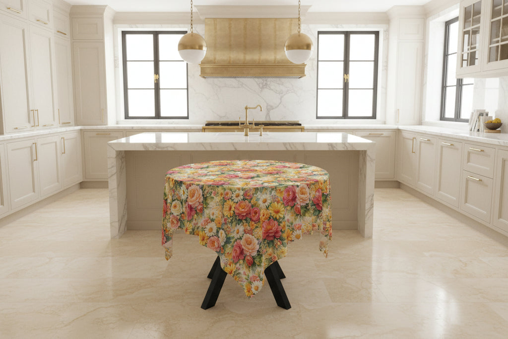 Round table with a floral tablecloth on a white background