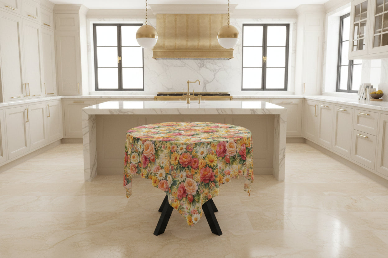 Round table with a floral tablecloth on a white background