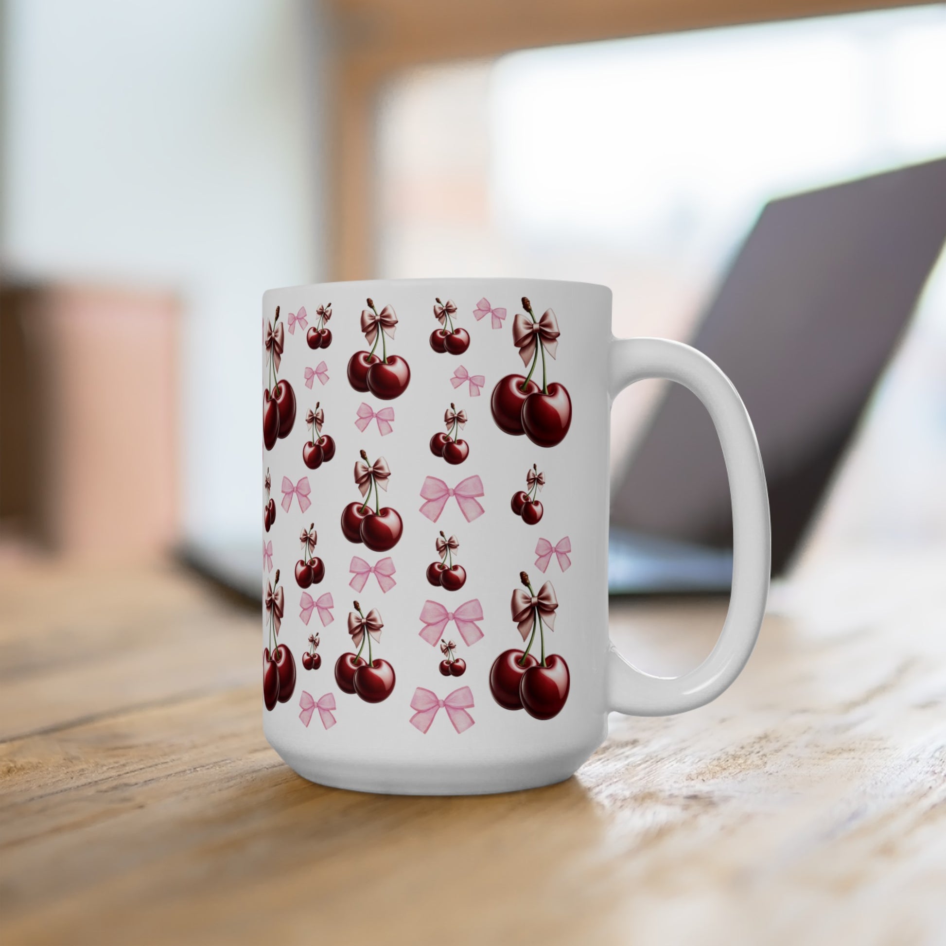 Cherry and Pink Bow Coffee Mugs Perfect for Your Morning Brew | 11 oz & 15 oz Sizes Cute and Stylish Mug for Tea, Cocoa, and More – Unique Gift for Cherry Lovers - MRSBYVALLE
