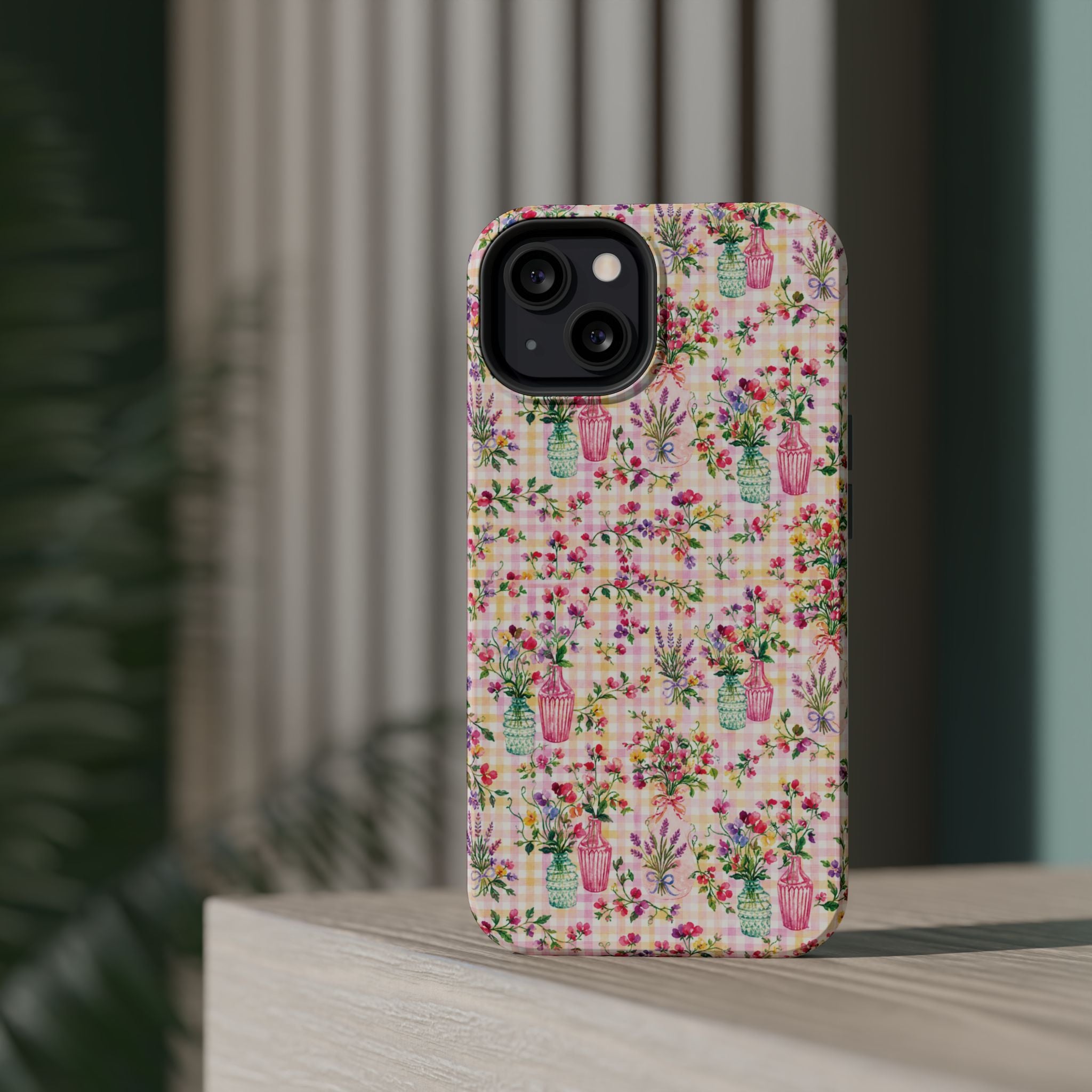 Turquoise & Pink Floral Checker Phone Case — Magnetic Impact-Resistant