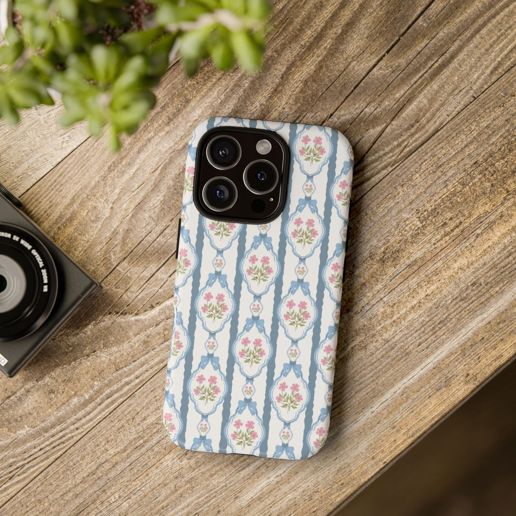 Coque de téléphone Vintage Nœud Bleu et Rose — Motif floral romantique « Tough Cases »