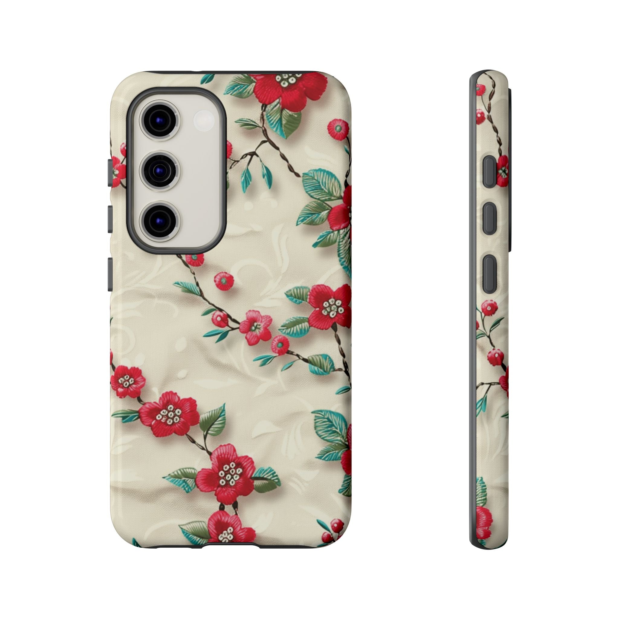 3D Embroidery Illusion Red Flowers Phone Case for iPhone, Samsung Pixel Artistic Floral Protection 15 14 13 12, 21 23 Gift for Her Perfect for Floral Lover
