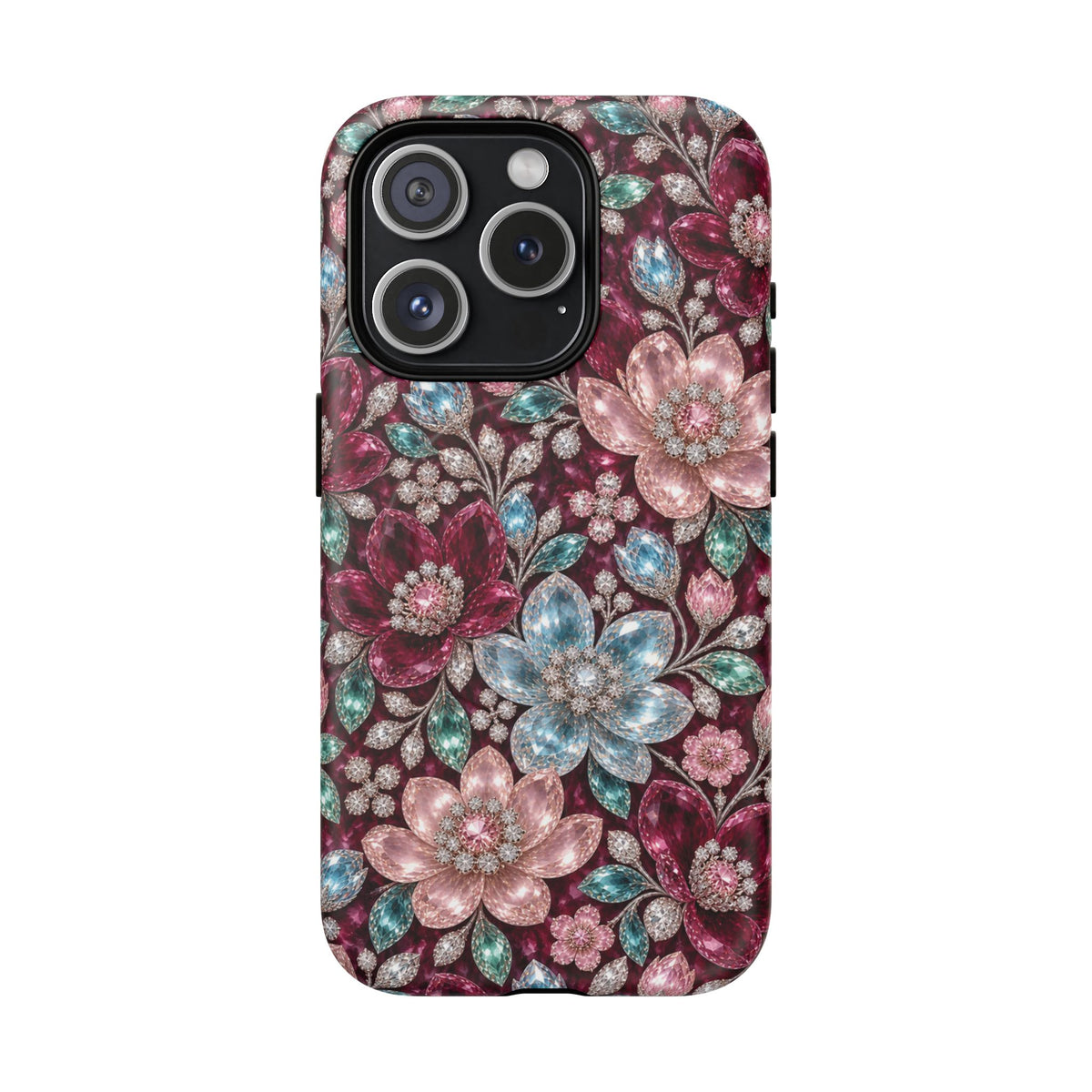 Floral faux Jewel Phone Case Sparkling Burgundy Flower Tough Magnetic Case 18 iPhone