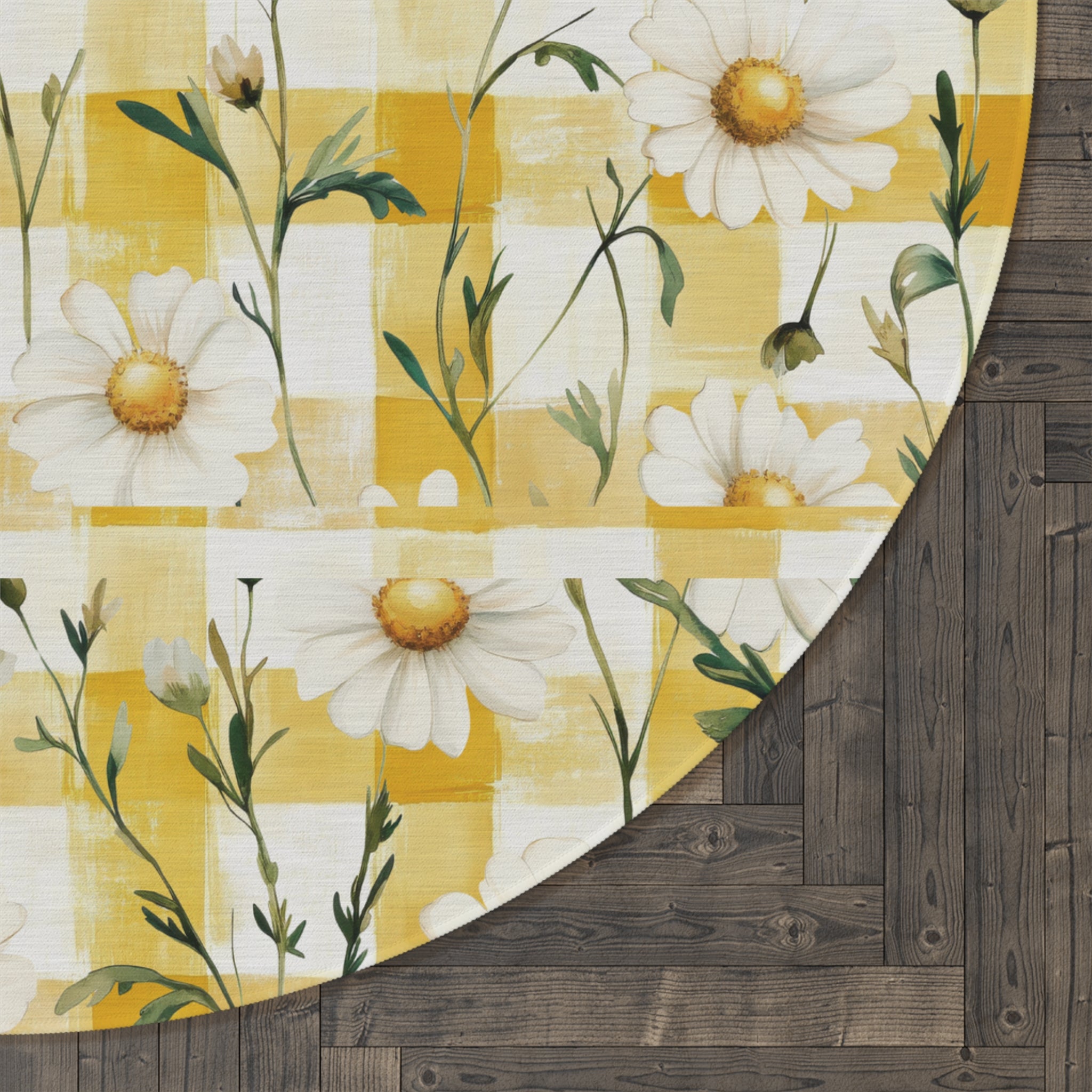 Pastel Yellow Daisy Checker Round Rug — Spring Floral Accent Mat