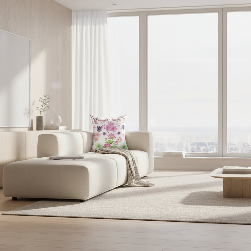 Floral-patterned pillow with pink and purple flowers on a white background