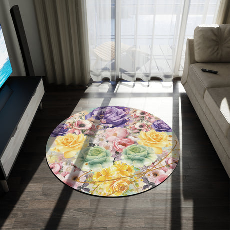 Pastel Luxury Floral Round Rug 60x60  Bold Multi-Color Botanical Design, Stunning Accent for Bedroom, Living Room, or Office Decor New Home