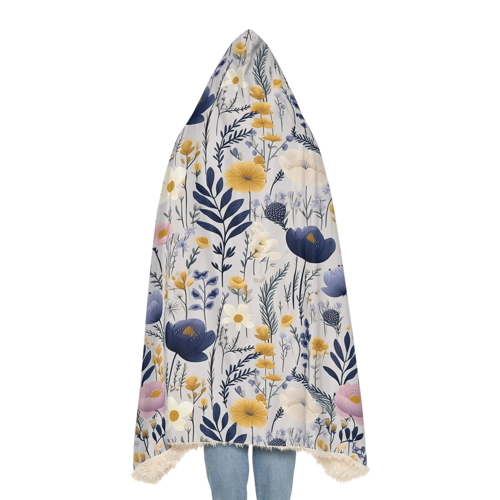 Blue & Yellow Floral Hooded Blanket – 3D Illusion Cozy Throw, Soft Sherpa Gift for Her, Warm Winter Blanket for Couch or Bed Gift Idea