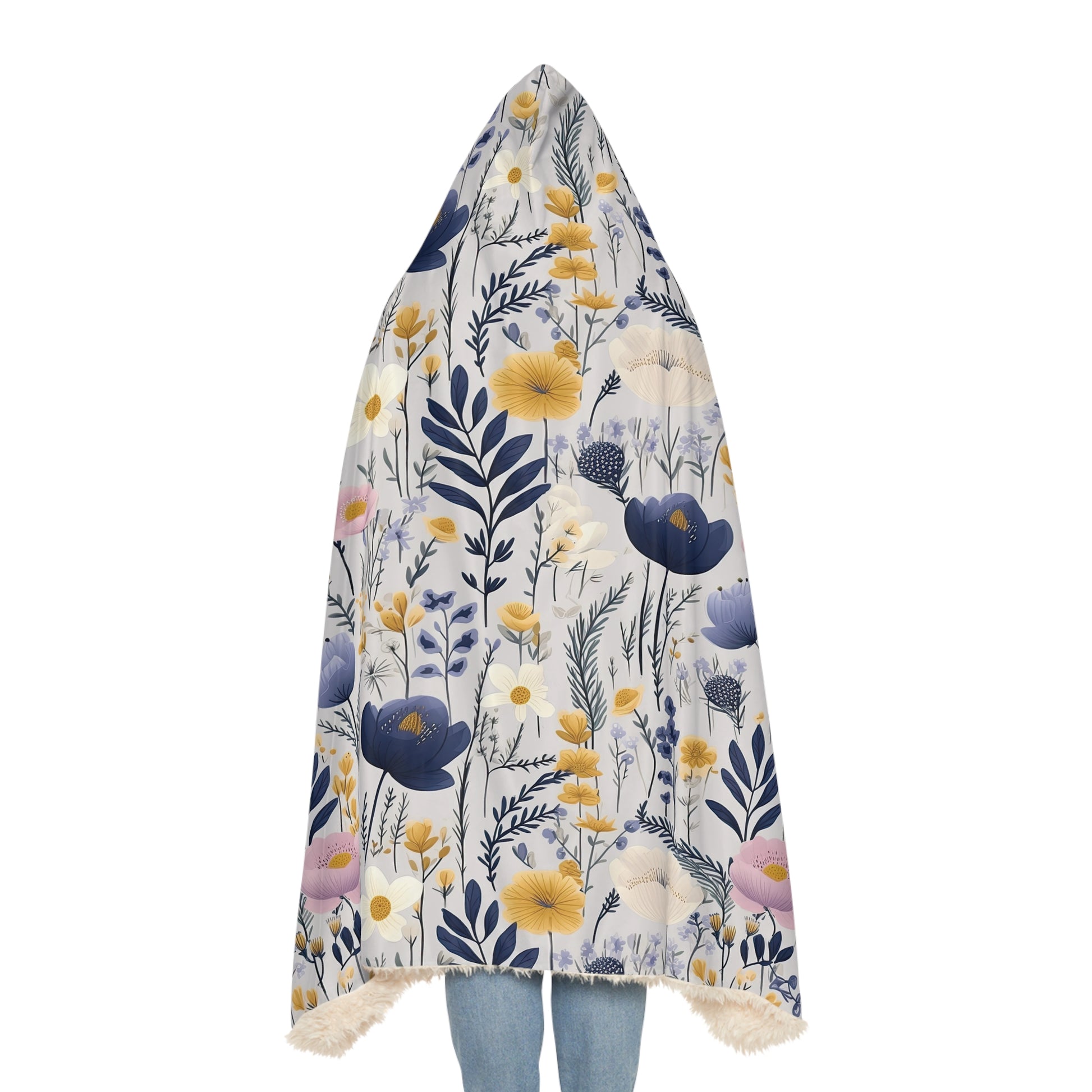 Blue & Yellow Floral Hooded Blanket – 3D Illusion Cozy Throw, Soft Sherpa Gift for Her, Warm Winter Blanket for Couch or Bed Gift Idea