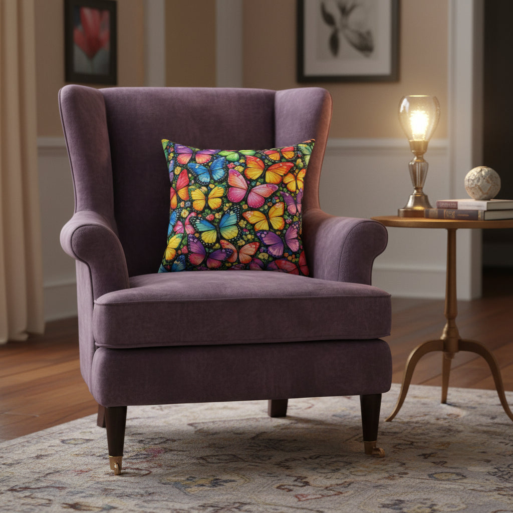 Decorative pillow with colorful butterfly pattern on a white background