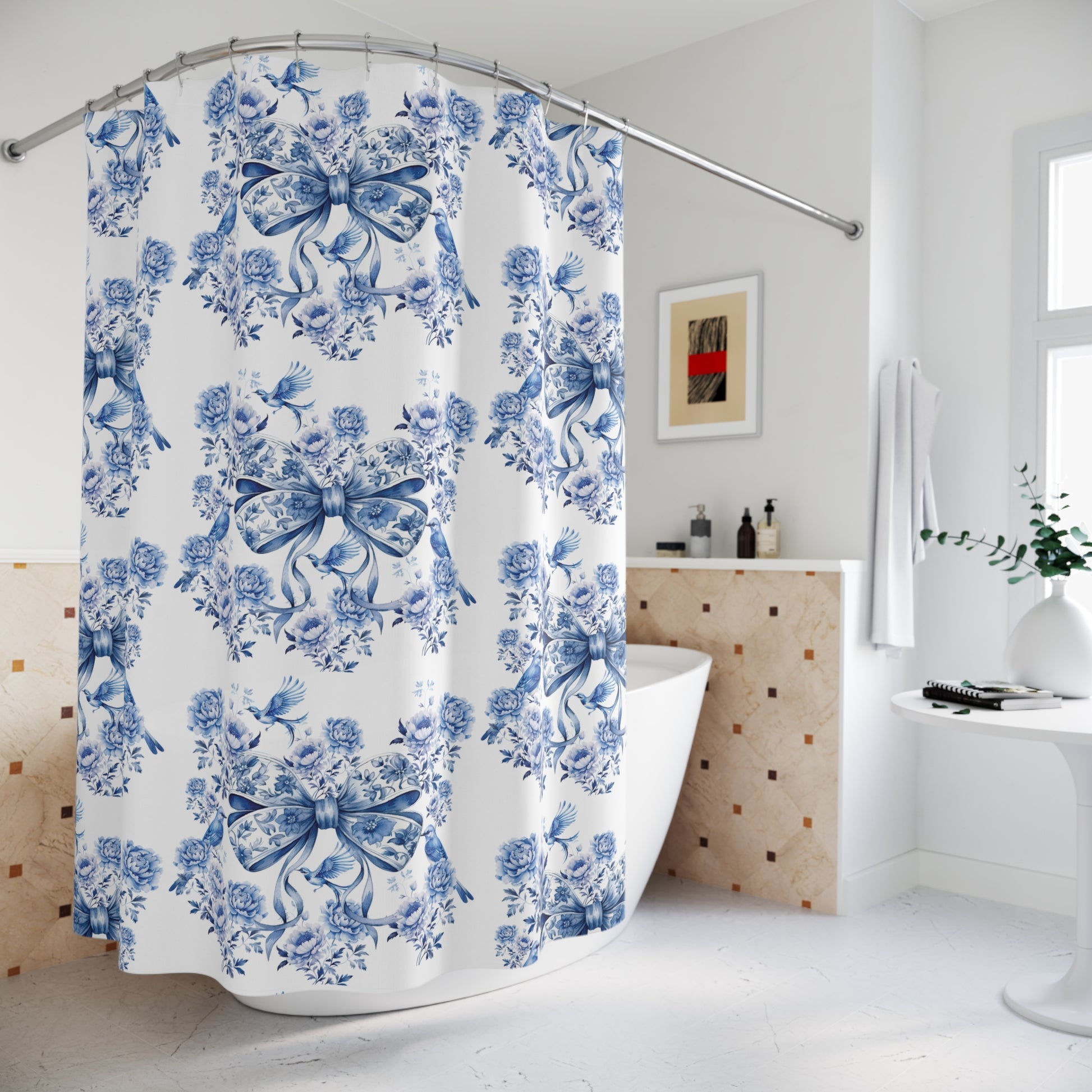 Elegant Blue Bow Chinoiserie Shower Curtain 71x74 – Vintage Bird & Floral Design, Waterproof, Stylish Bathroom Decor, Easy to Hang Maintain for a vibrant upgrade!