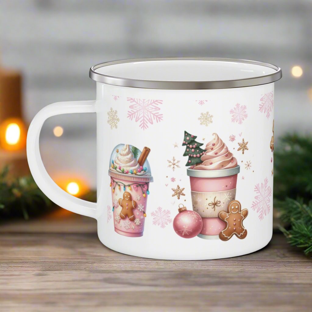 Enamel Camping Mug 12oz Enamel Camping Mug Pink Christmas Gingerbread Design | Durable, Lightweight Mug for Holiday Camping, Hot Cocoa, Coffee | Festive Gingerbread Art Perfect Christmas Gift - MRSBYVALLE