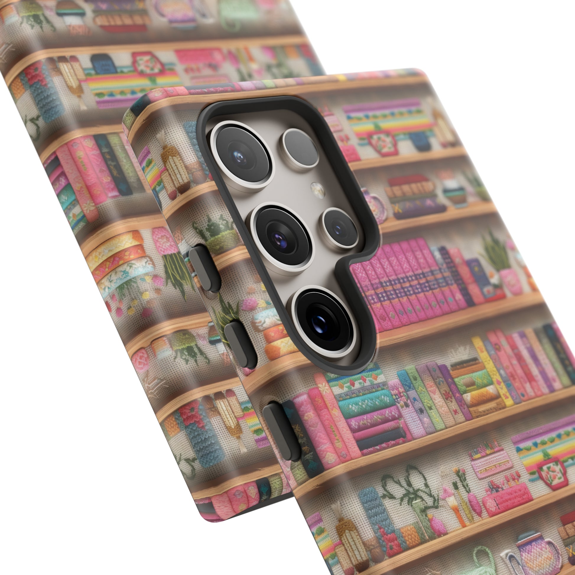 Phone Case 3D Illusion Books & Shelf Embroidery Design with Vibrant Colors Gift for Her Phone 15, Samsung iPhone Samsung Gift for Her Case iPhone 15, Samsung iPhone Samsung Accessory Gift for Her.