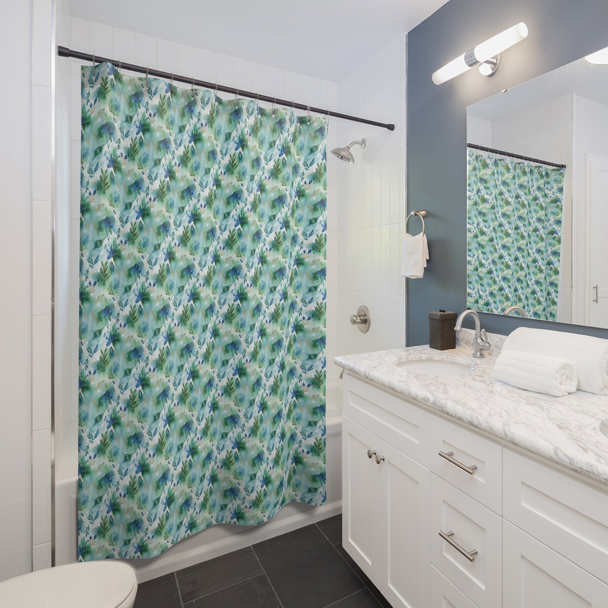 Boho Watercolor Shower Curtain | Modern Blue Green Artistic Design | Stylish Bathroom Upgrade | Unique Home Décor for a Fresh, Contemporary