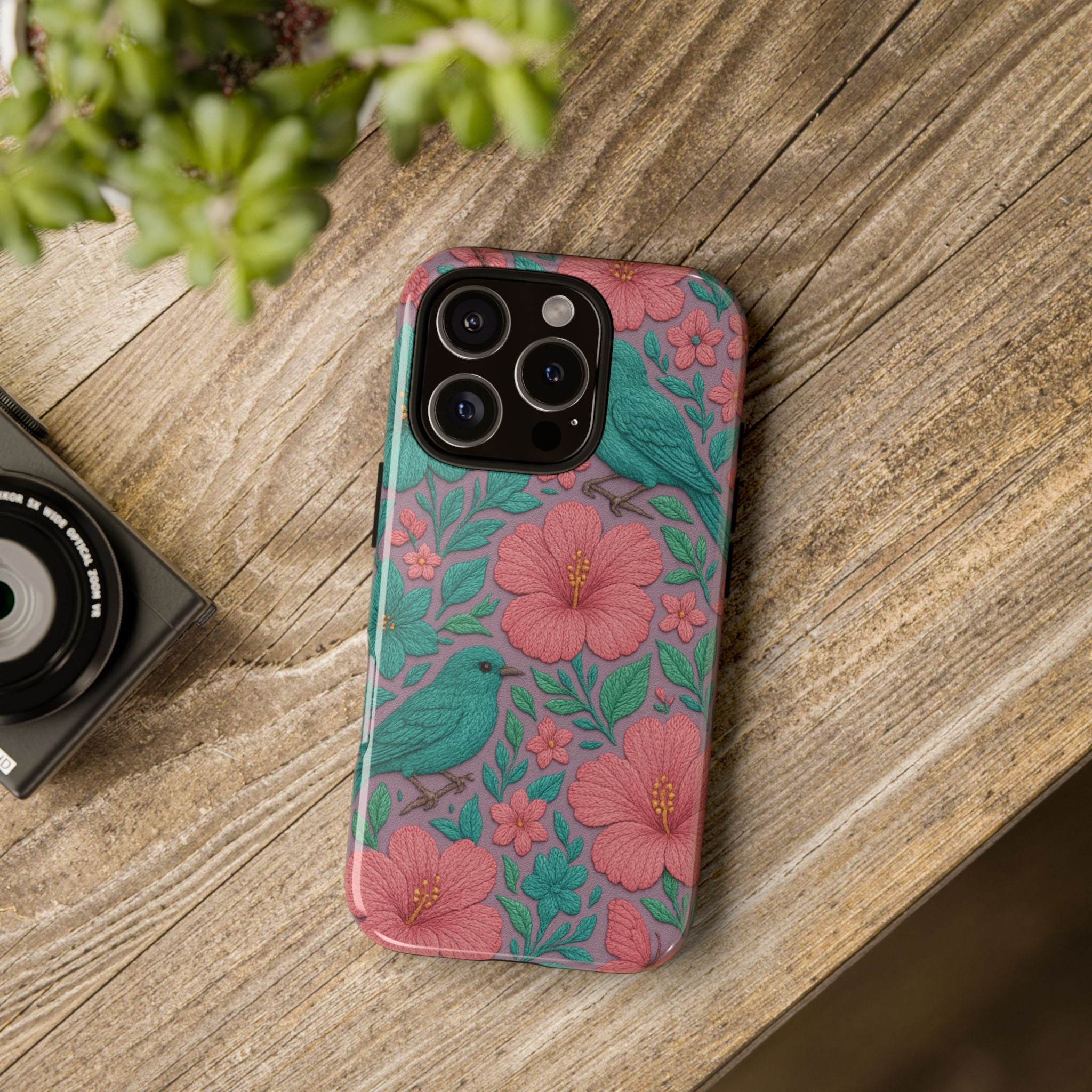 Turquoise, Pink and Lavender 3D Embroidery Illusion Phone Case Tropical Flowers, Birds & Butterflies Cover with Bold, Realistic Floral Texture iPhone, Samsung