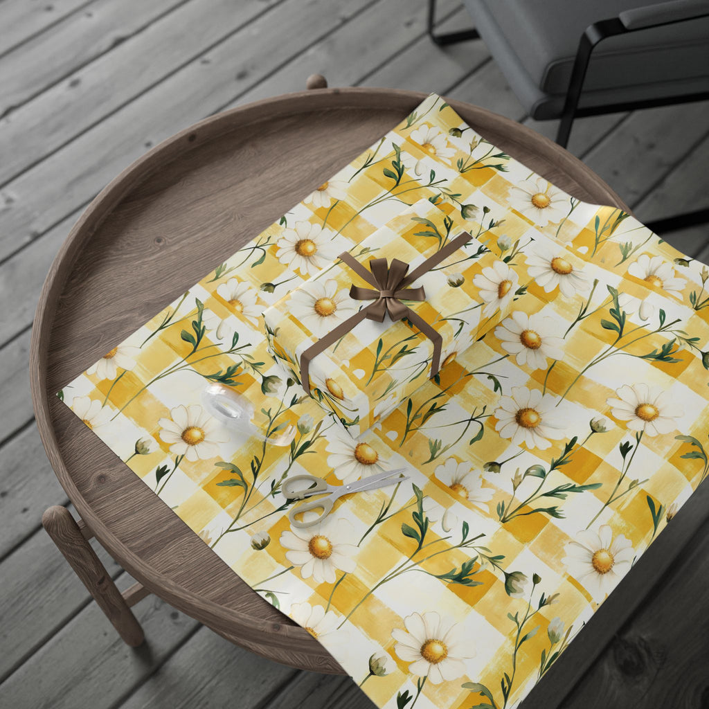 Papier Cadeau Jaune Pastel à Carreaux Marguerite — Papier Cadeau Floral Printanier