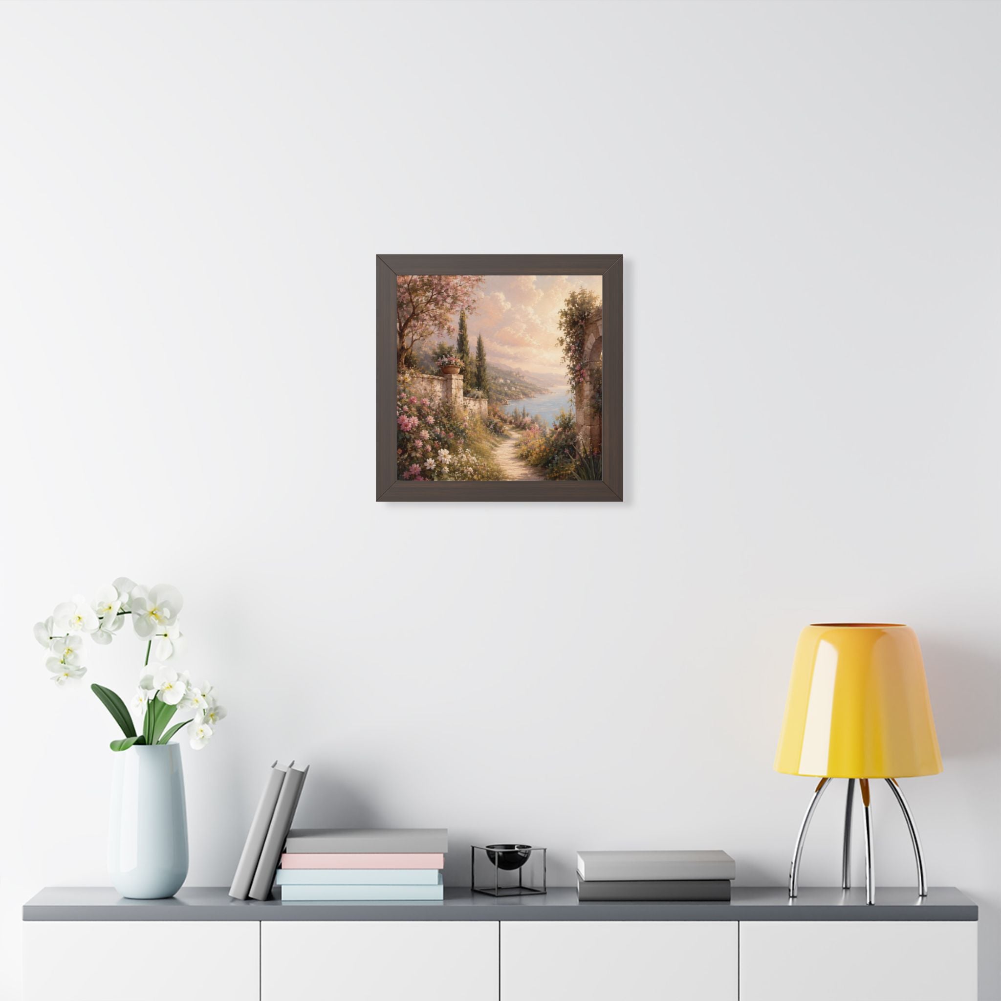 Mediterranean Garden Path Framed Vertical Poster | Coastal Landscape Wall Art