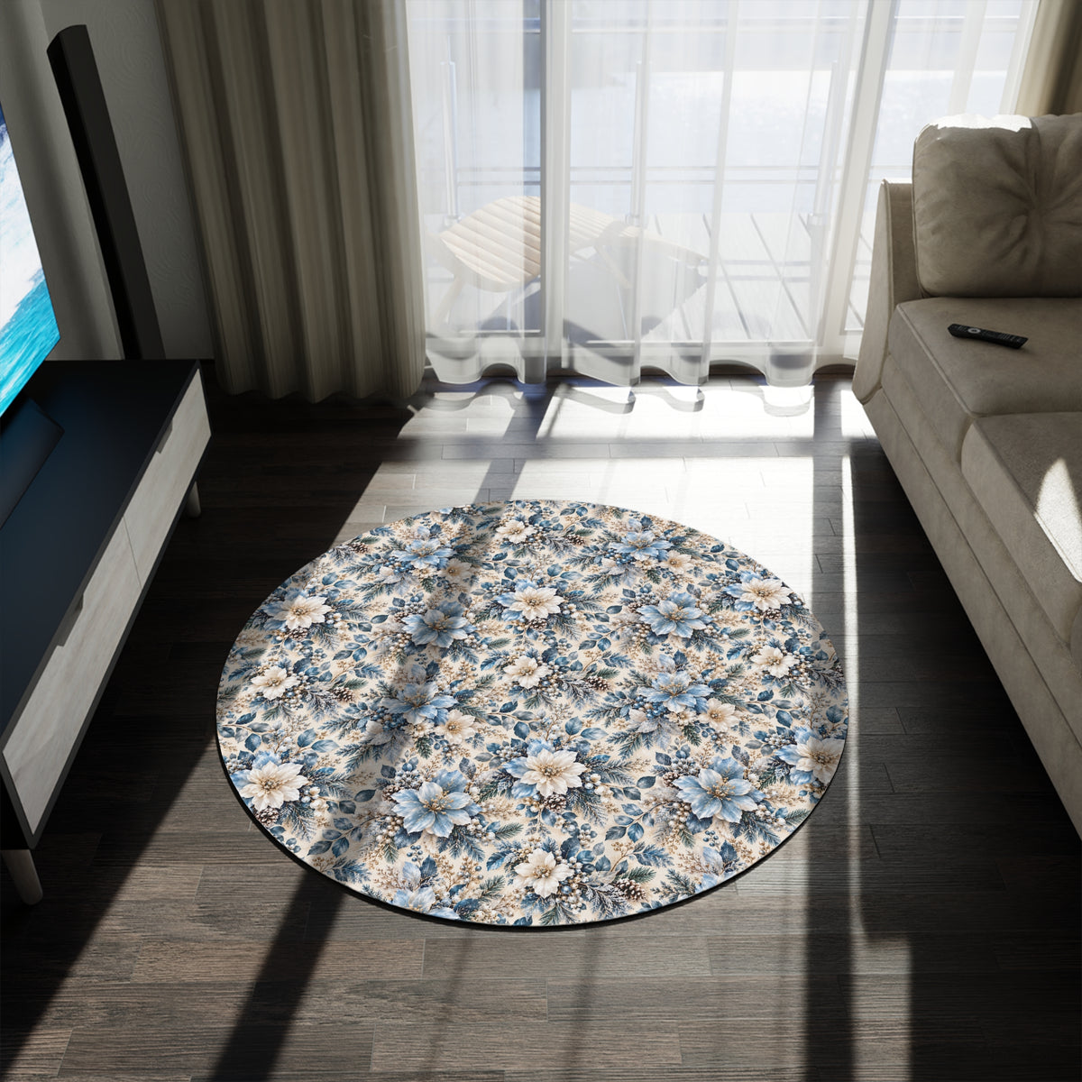 Icy Blue Vintage Floral Round Area Rug