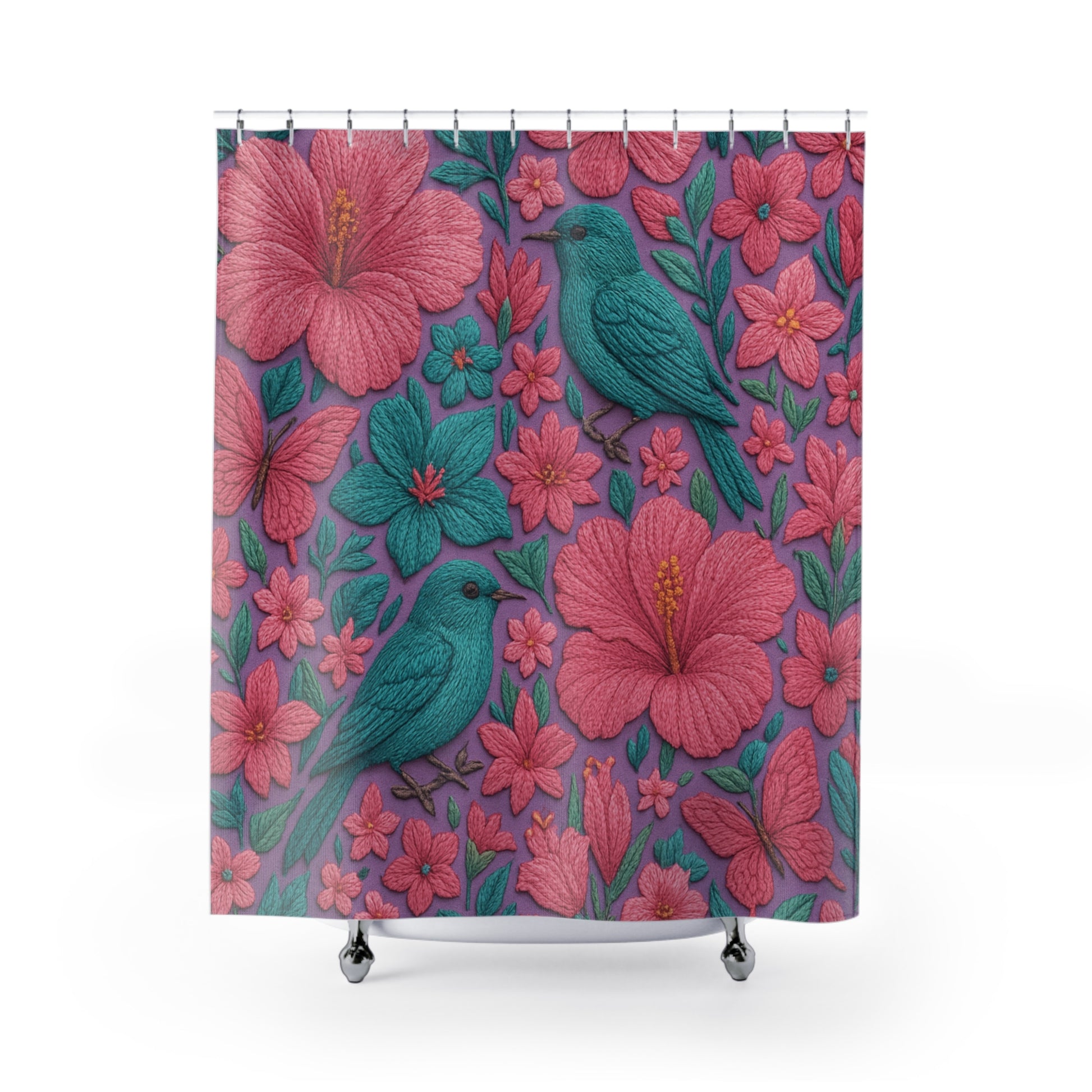 Luxury 3D Embroidery Illusion Shower Curtain – Turquoise, Pink & Lavender Tropical Flowers with Birds & Butterflies for Elegant Spa-Inspired Bathrooms