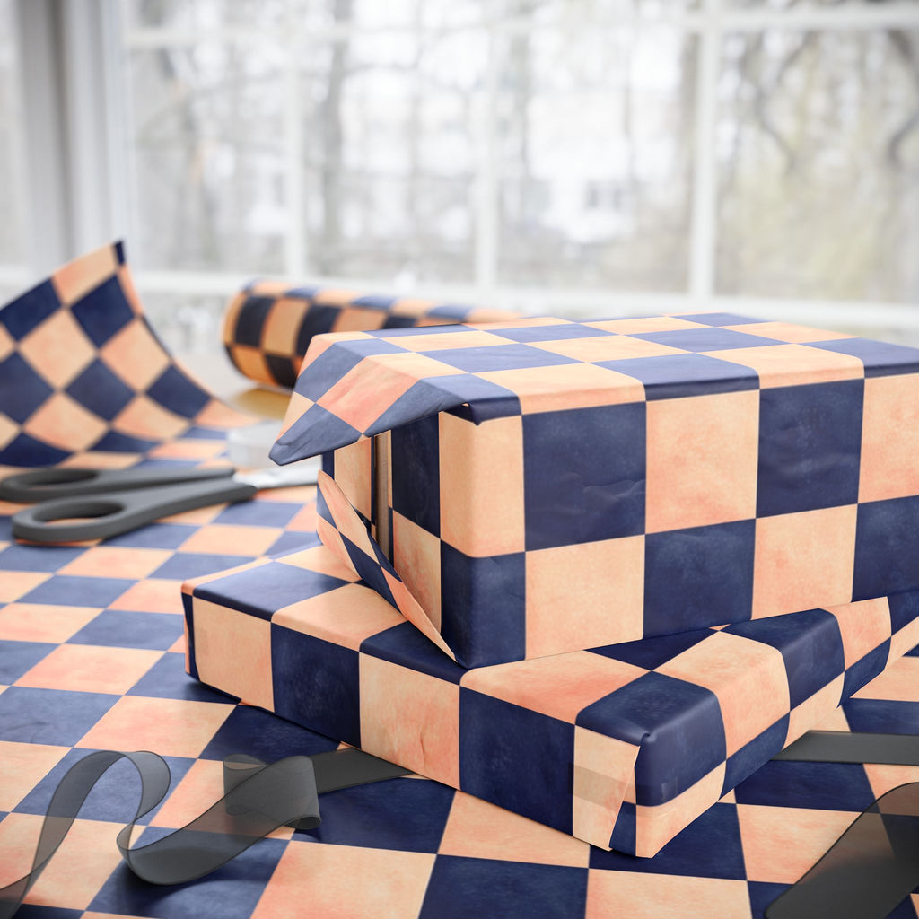 Navy and  Peach Checkerboard Wrapping Paper Wedding, Birthdays