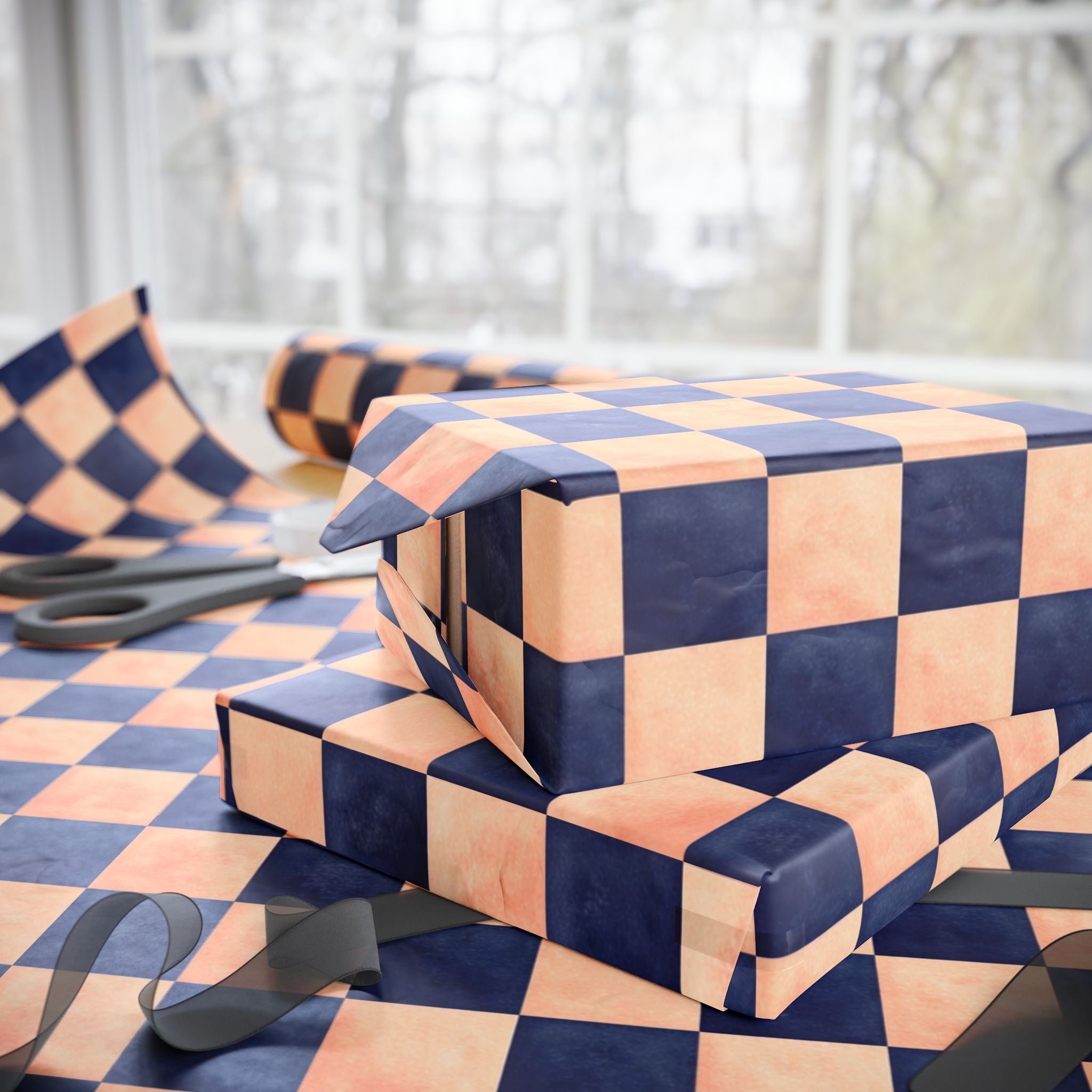 Navy and  Peach Checkerboard Wrapping Paper Wedding, Birthdays