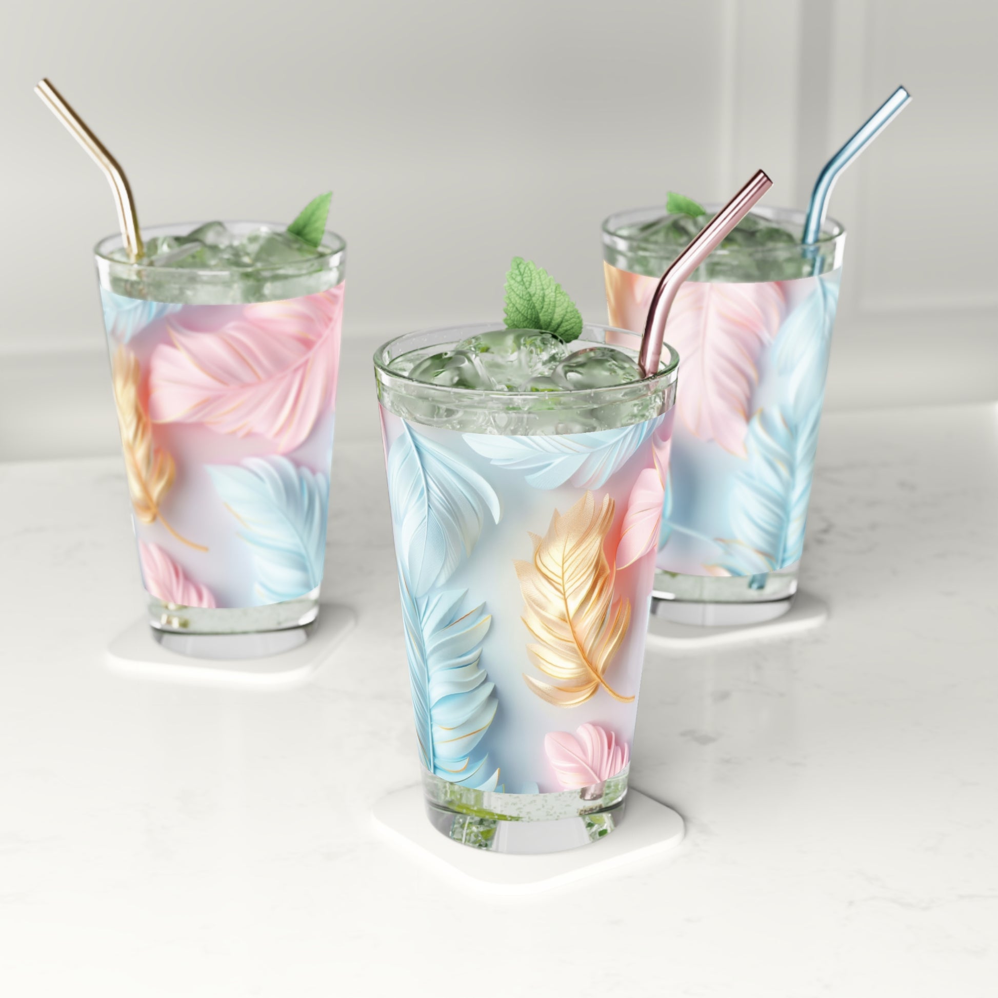 New House Pastel Feathers 16oz Pint Glass Modern Style for Cocktails, Mocktails, Beer, and Water Perfect for Every Occasion Mother's Day Party Drinkware, Housewarming Perfect Gift Party Drinkware, Cocktail, Wedding Perfect for Parties - MRSBYVALLE
