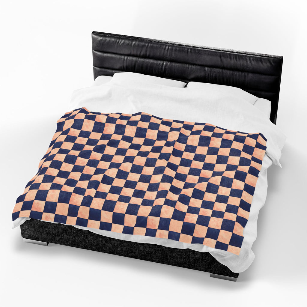 Couverture en peluche veloutée – Plaid confortable à carreaux bleu marine et pêche