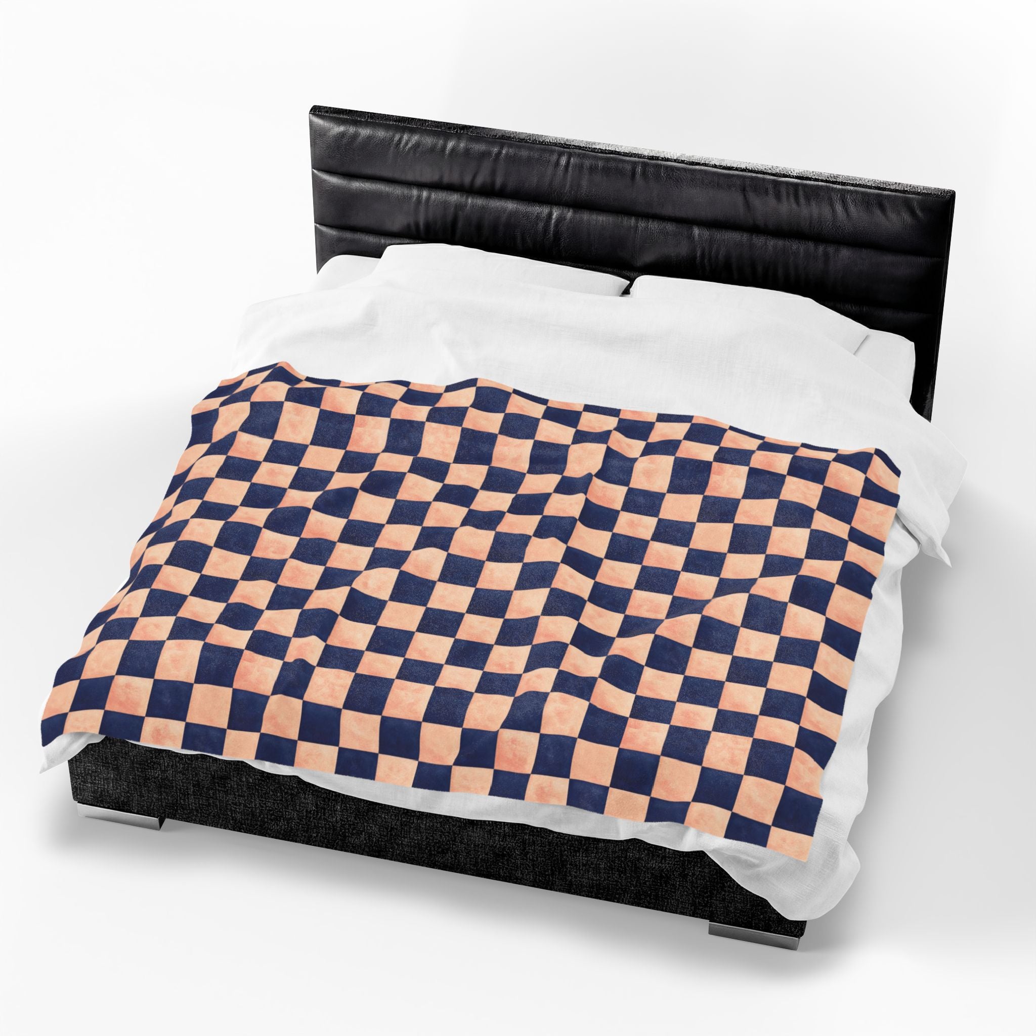 Couverture en peluche veloutée – Plaid confortable à carreaux bleu marine et pêche