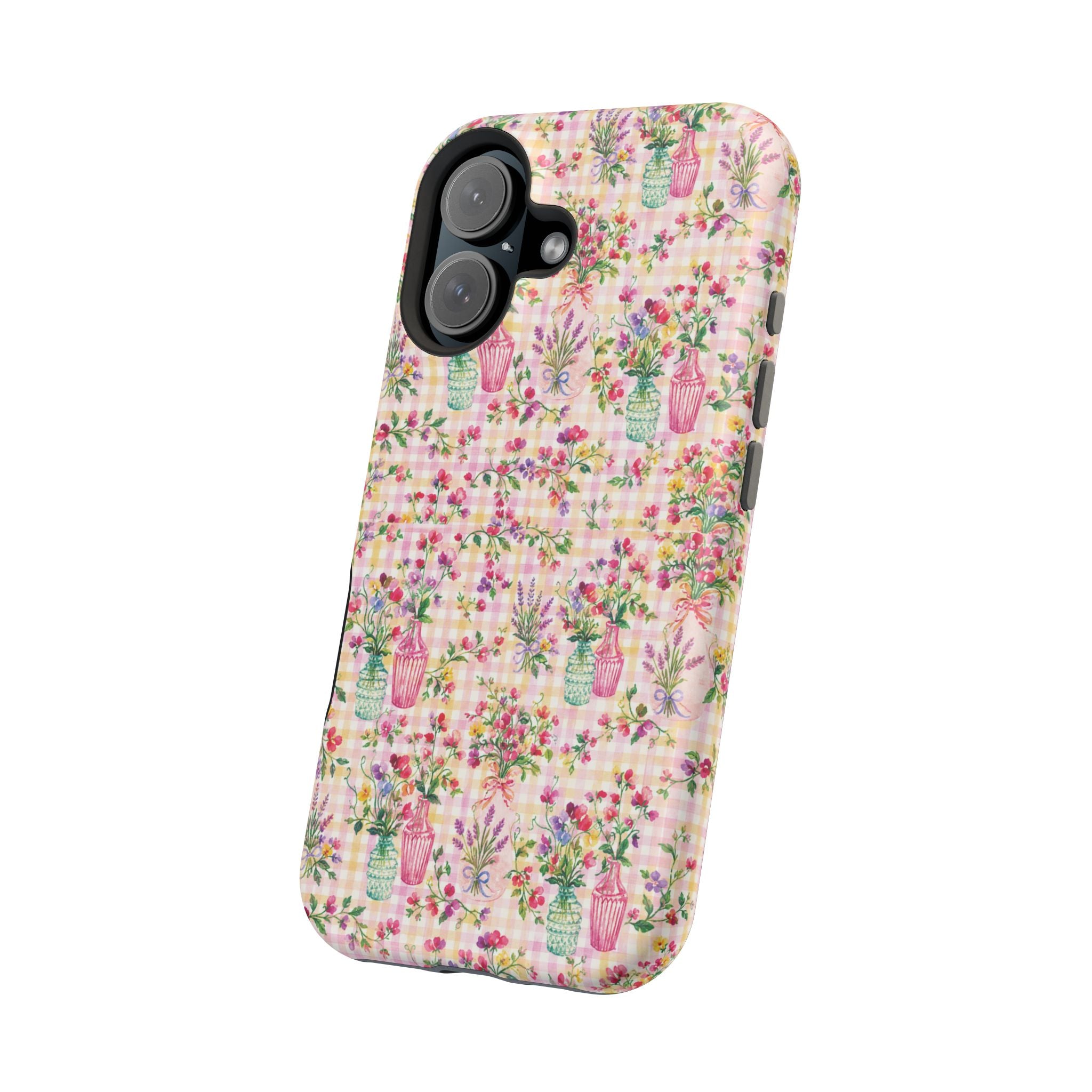 Turquoise & Pink Floral Checker Phone Case — Magnetic Impact-Resistant