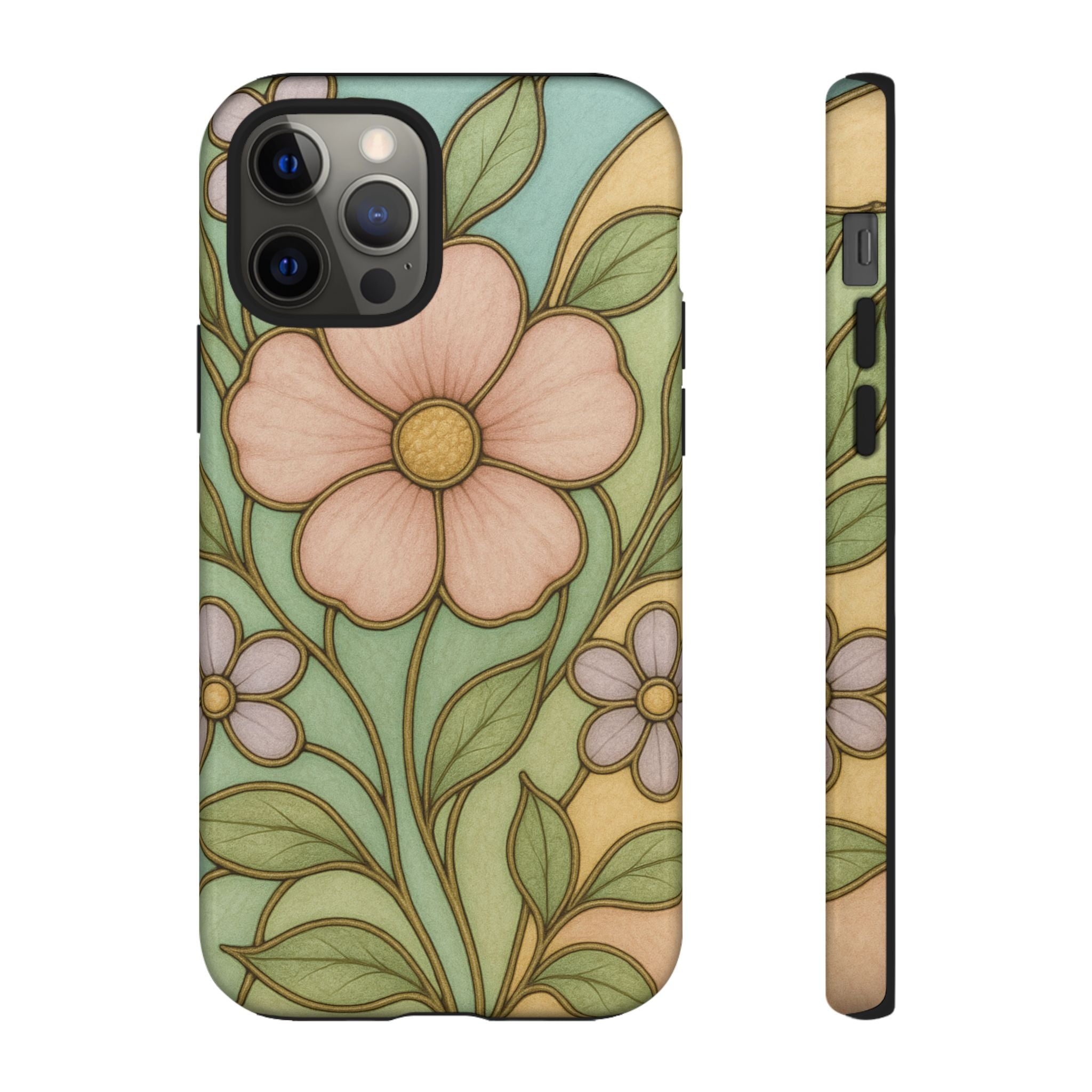 Pastel Pink, Yellow Stain Glass Illusion Floral Phone Case  Romantic Cottagecore Aesthetic, Soft Botanical Design, Protective Gift for Her, Fits iPhone & Samsung Models