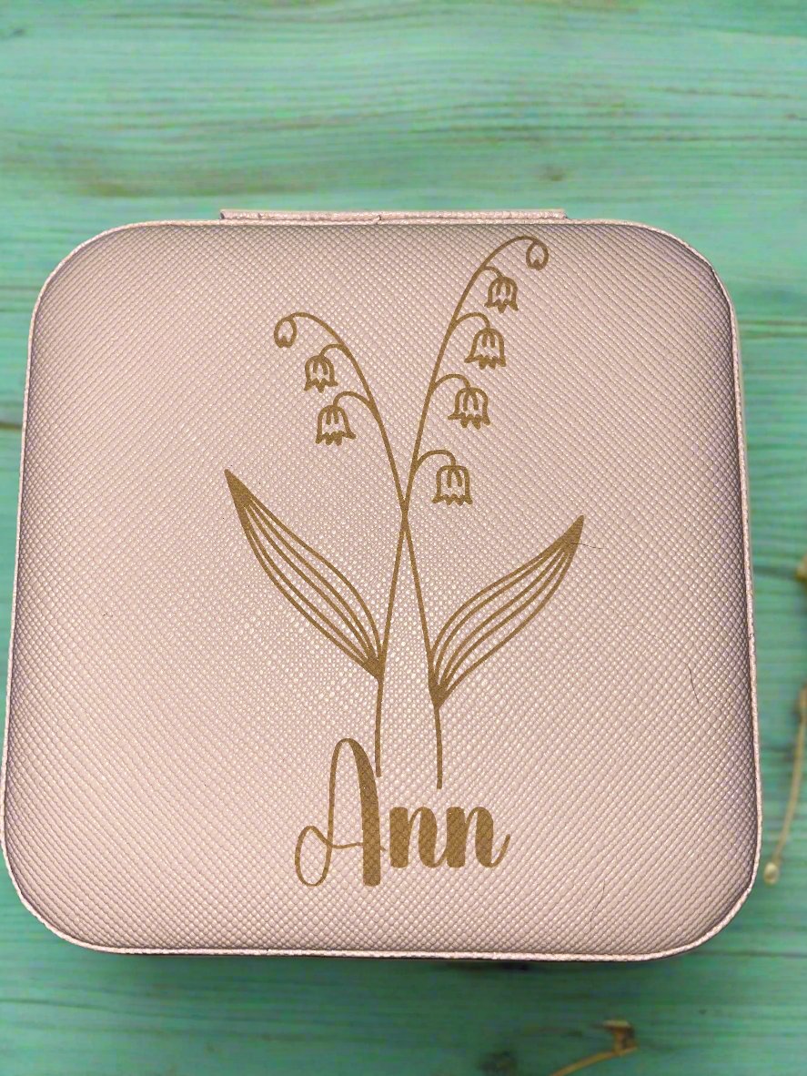 Birth Flower and Name Custom Laser-Engraved Travel Jewelry Box - Compact Square Earring Organizer, Ideal Bridesmaid Gifts for Sister or Friend - MRSBYVALLE