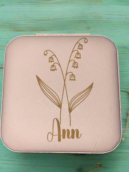 Birth Flower and Name Custom Laser-Engraved Travel Jewelry Box - Compact Square Earring Organizer, Ideal Bridesmaid Gifts for Sister or Friend - MRSBYVALLE