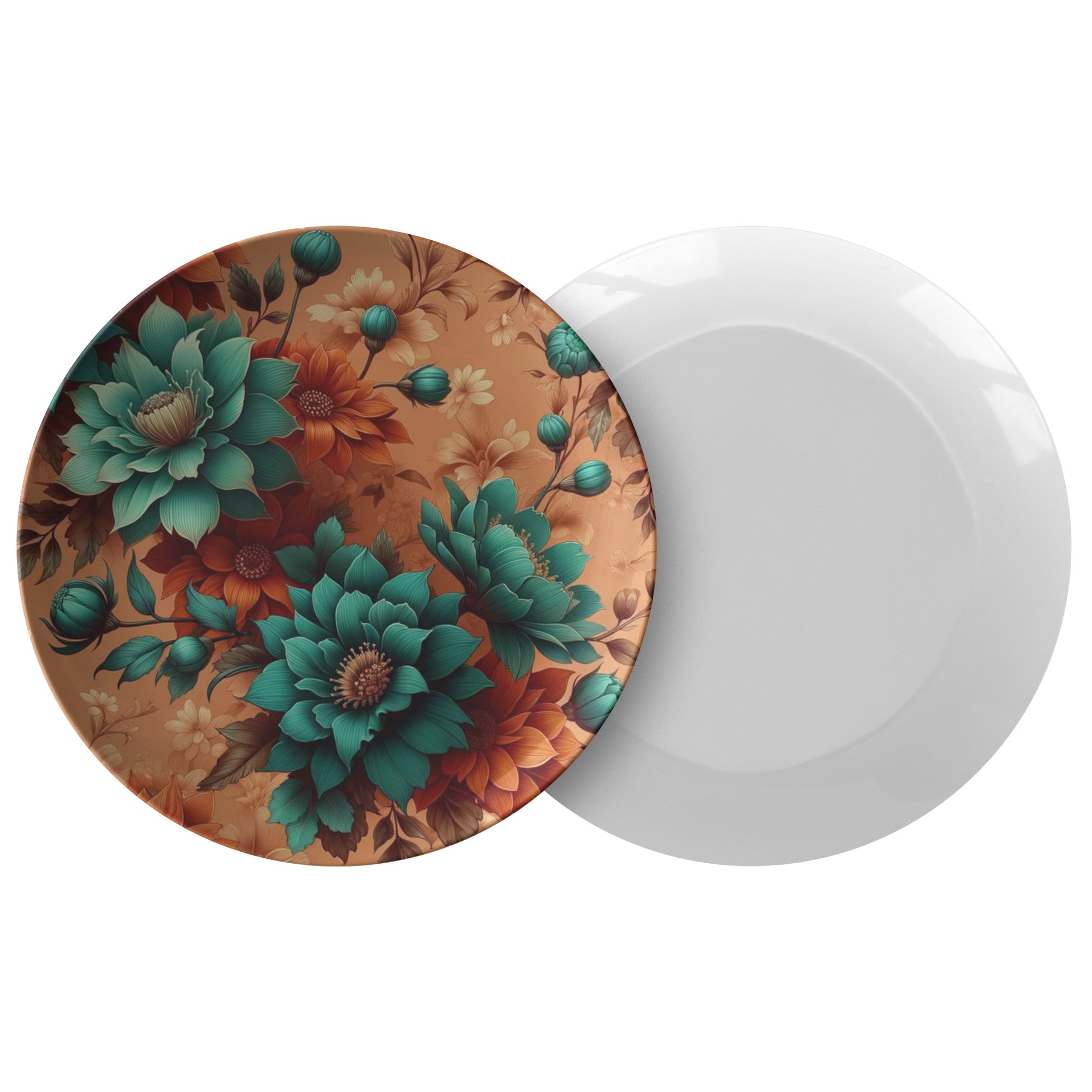 Aqua and Burnt Orange Floral Design 10-Inch Durable Plate for Dinner or Parties - MRSBYVALLE