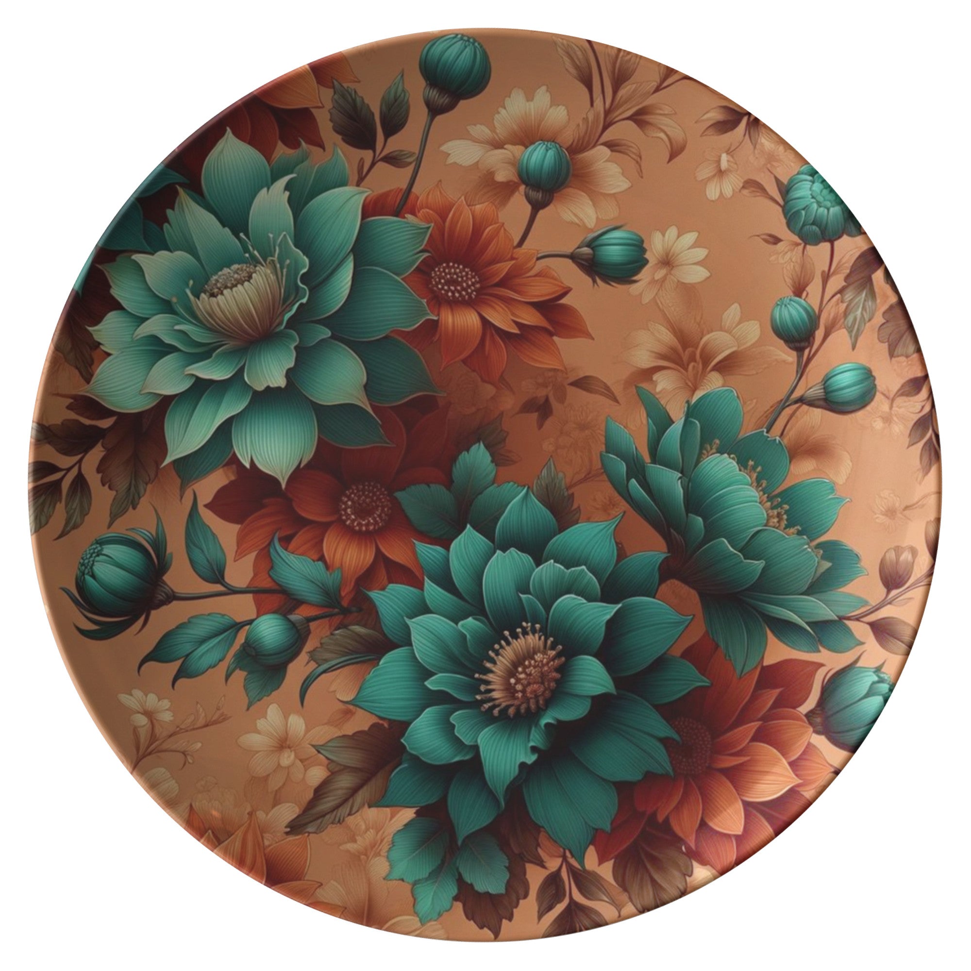 Aqua and Burnt Orange Floral Design 10-Inch Durable Plate for Dinner or Parties - MRSBYVALLE