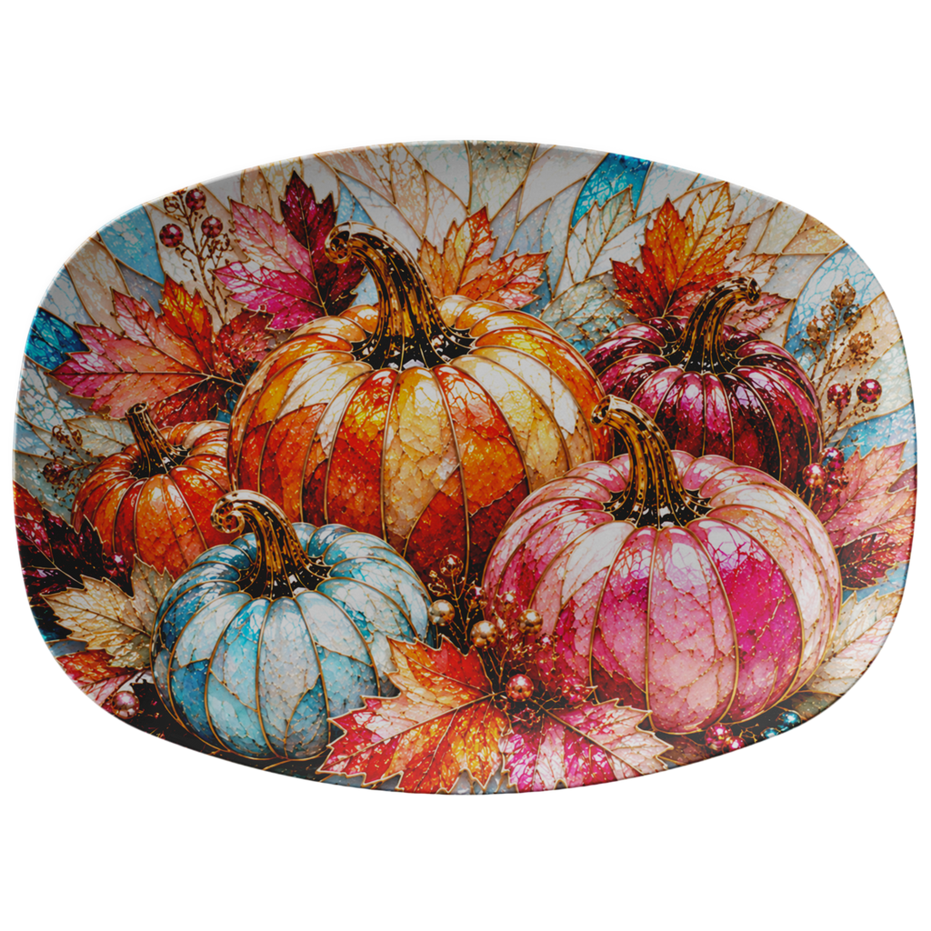 An oval decorative plate featuring a colorful autumn print of pumpkins and fall leaves on a white background.