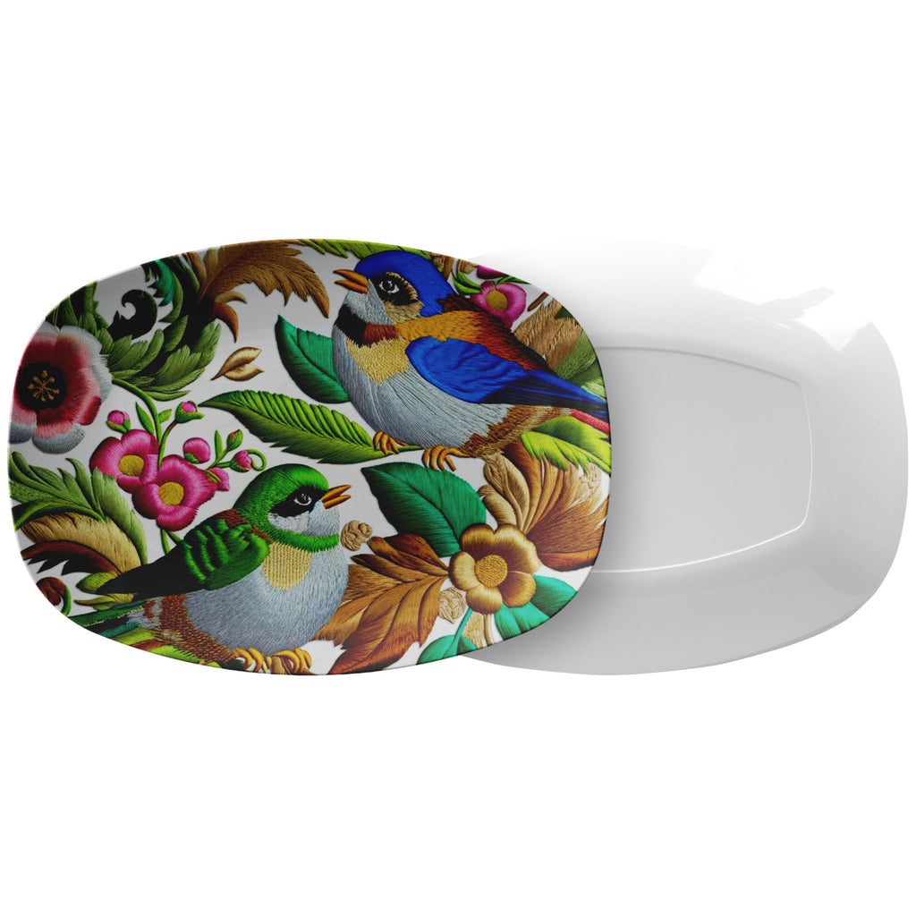 Avian Paradise Exquisite 10x14" Platter with Enchanting Birds Flowers Design for Elegant Dining - MRSBYVALLE