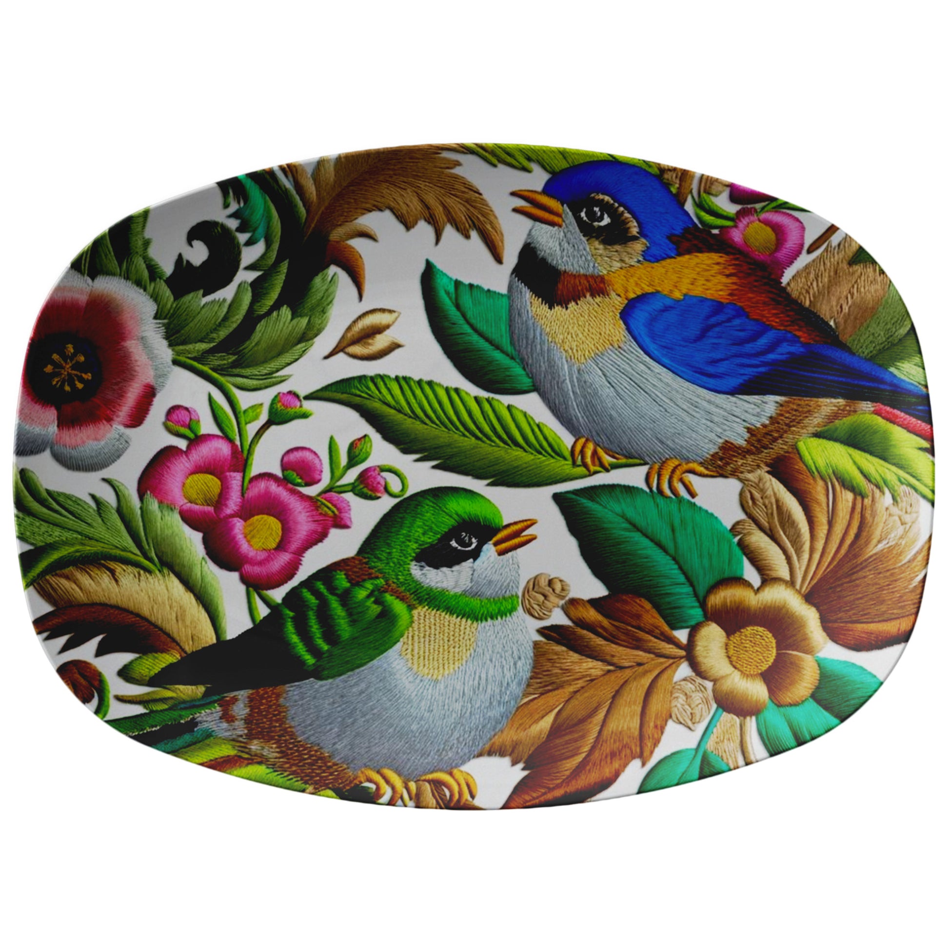 Avian Paradise Exquisite 10x14" Platter with Enchanting Birds Flowers Design for Elegant Dining - MRSBYVALLE