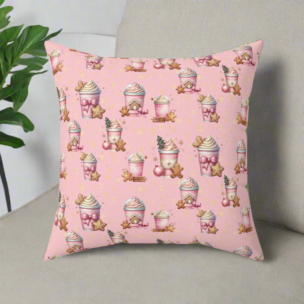 Christmas Pink Gingerbread People with Coffee Square Pillow Festive Decorative Cushion, Soft and Cozy, Perfect for Holiday Home Decor Bridal Shower - MRSBYVALLE
