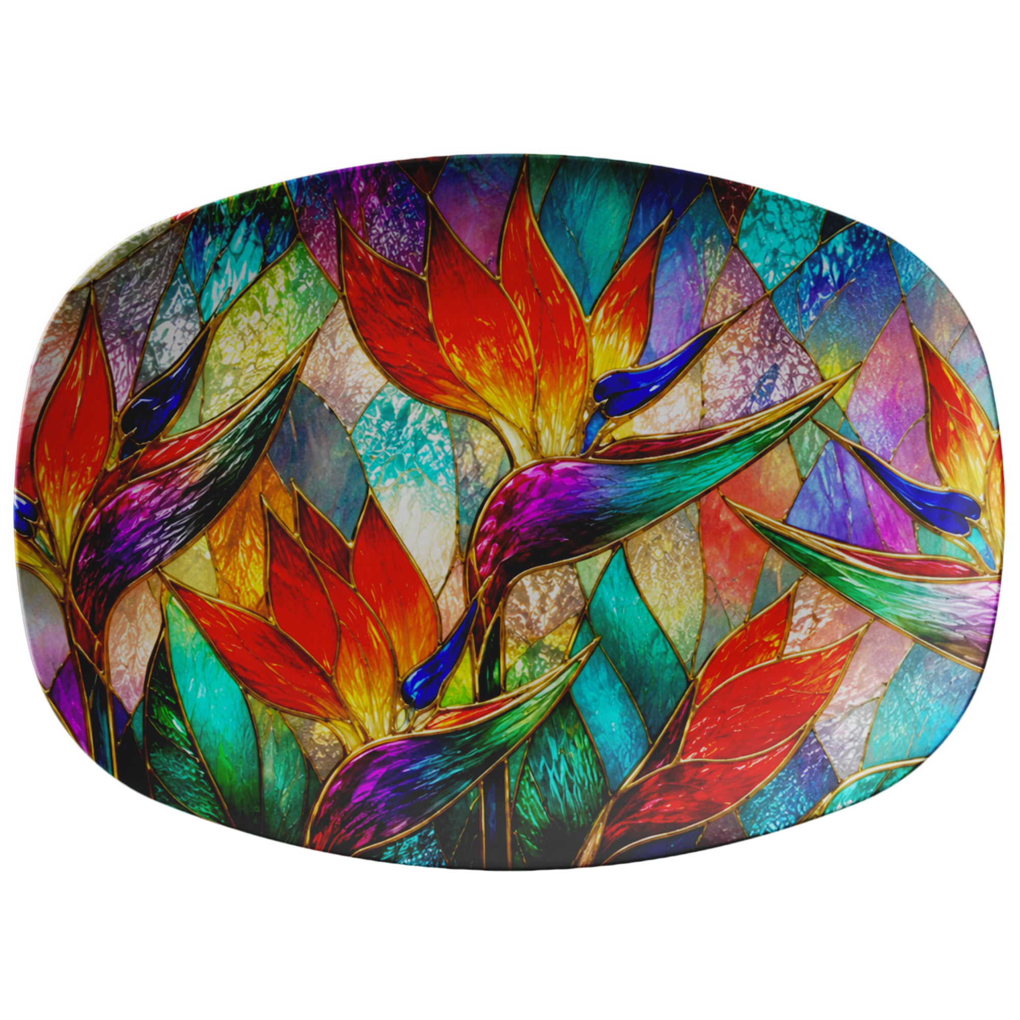 Bird of Paradise Stained Glass Illusion Serving Platter | Vibrant Tropical Floral Decorative Platter
