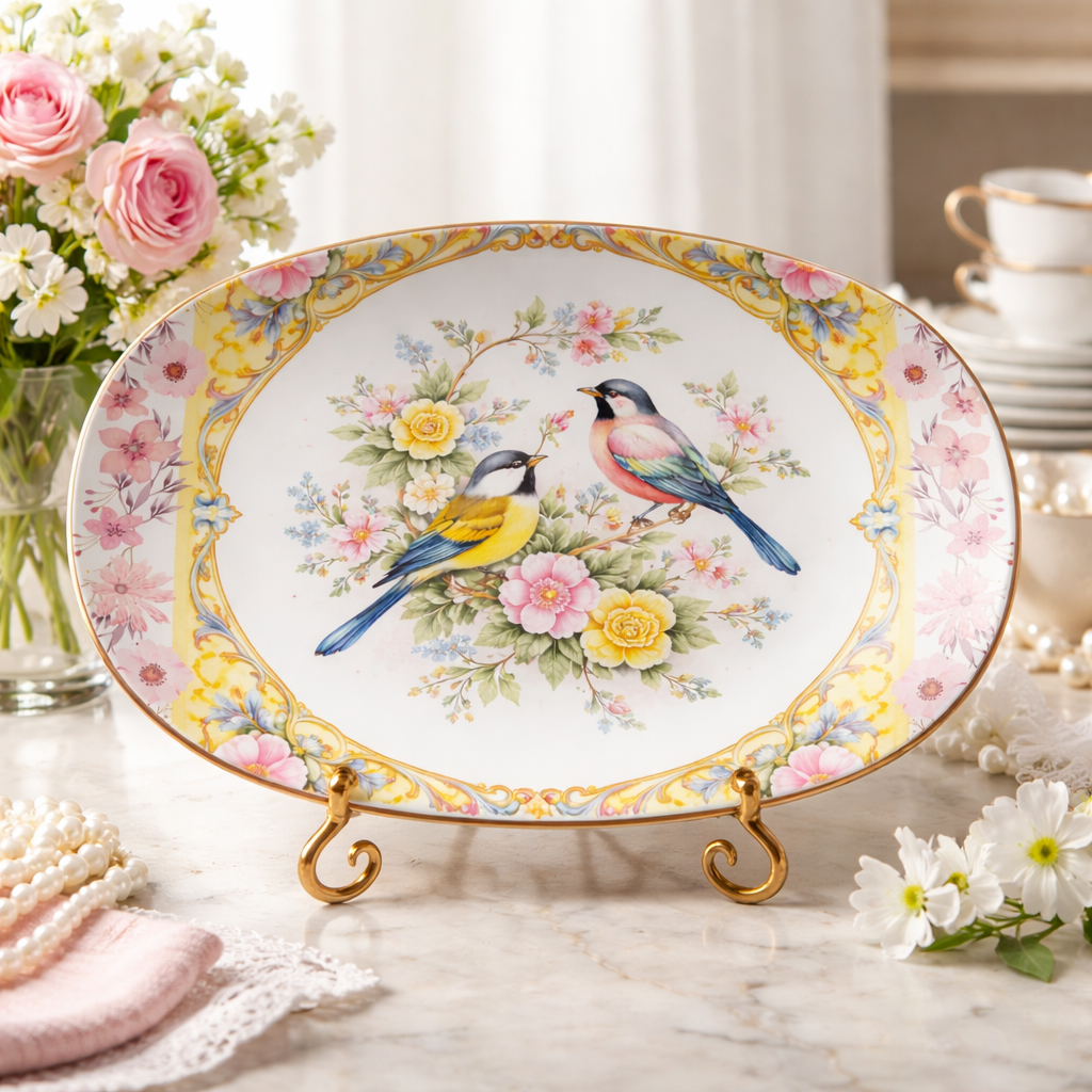 Plateau de service élégant Oiseau et Fleur 25x35 cm – Charme floral intemporel