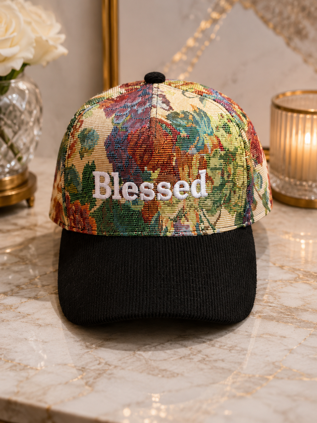 Blessed Floral Jacquard Cap with Corduroy Brim