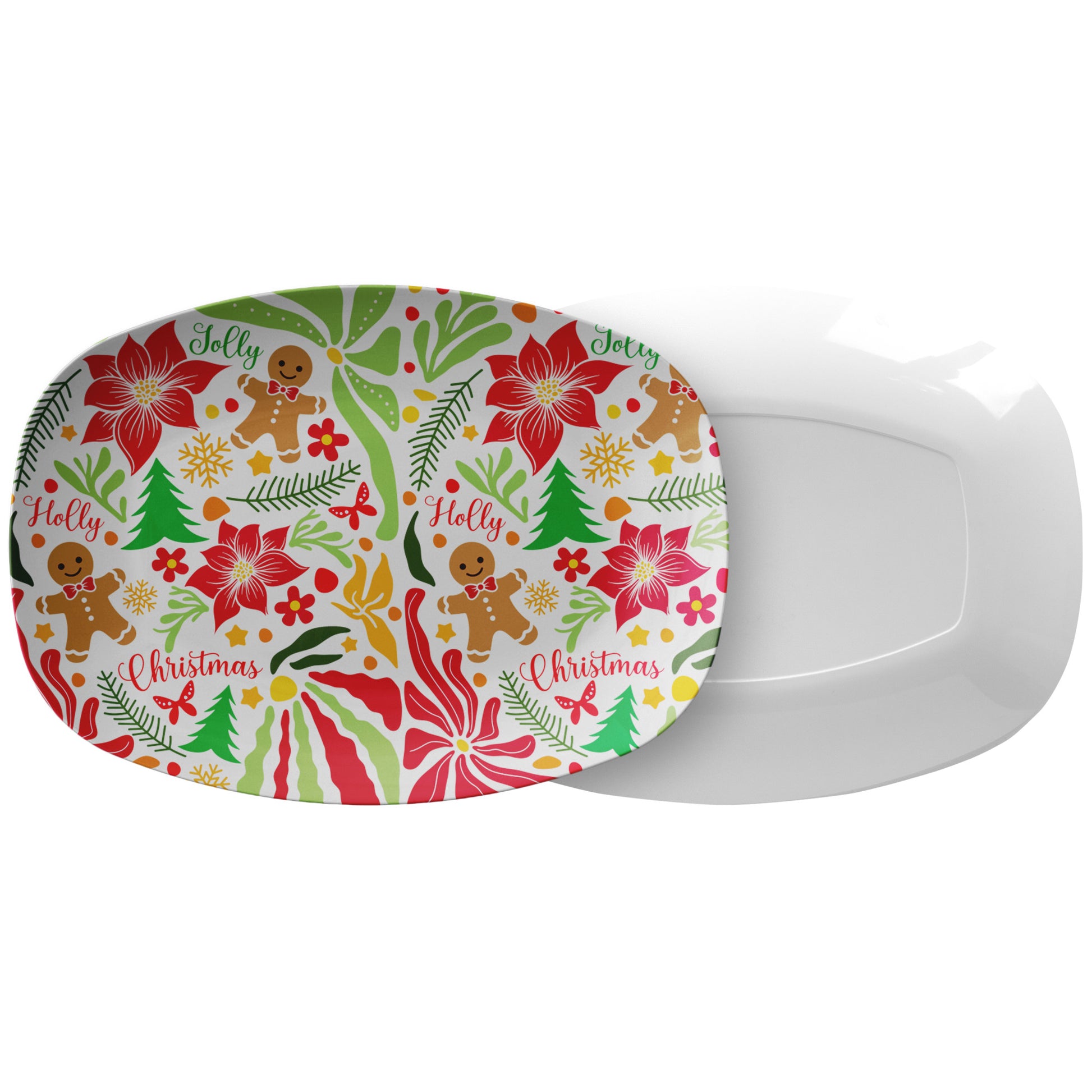 Boho Floral Holly Gingerbread Man Platter 10x14 Elegant Serving Dish for Thanksgiving, Weddings Home Decor Handmade Artisan Design, Durable - MRSBYVALLE