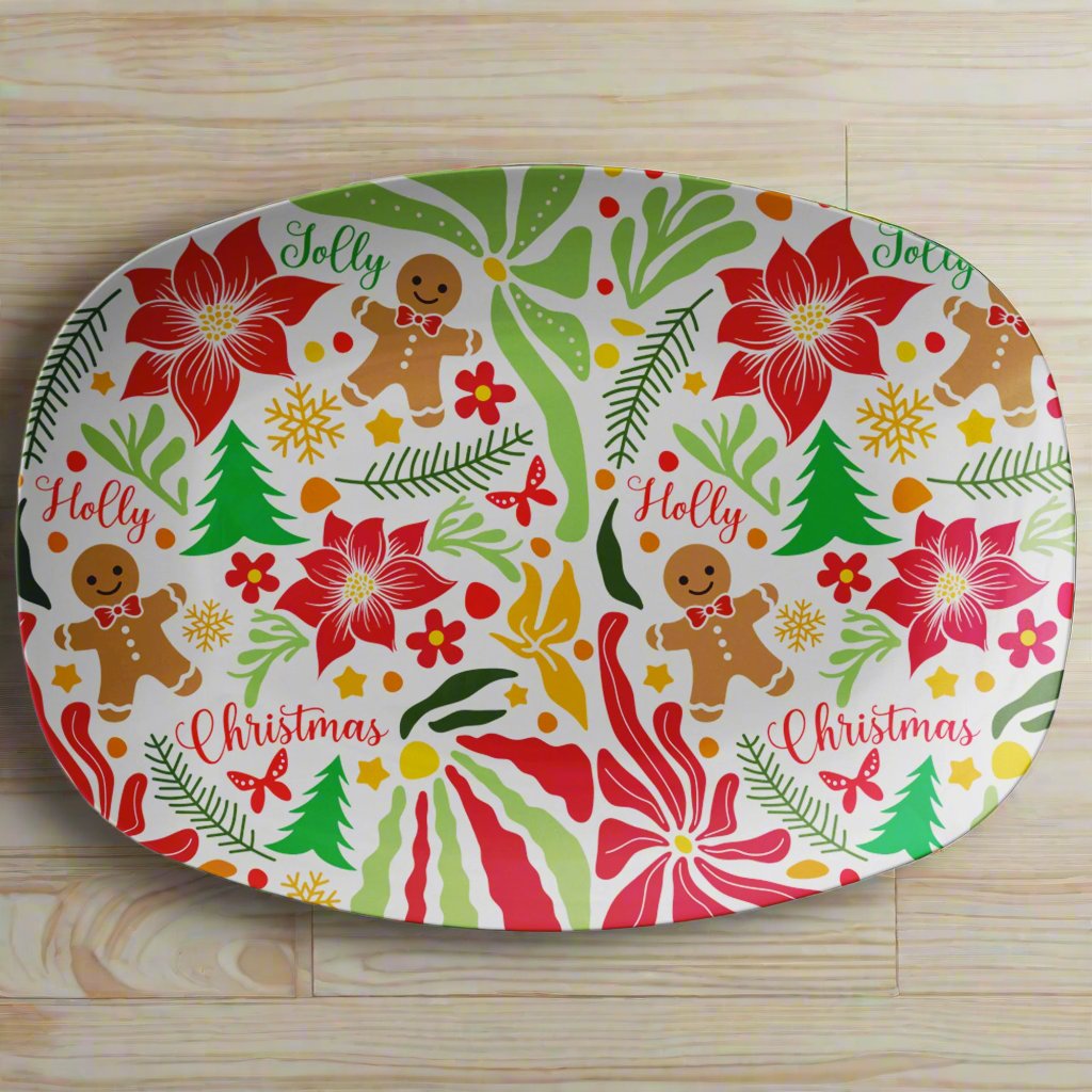 Boho Floral Holly Gingerbread Man Platter 10x14 Elegant Serving Dish for Thanksgiving, Weddings Home Decor Handmade Artisan Design, Durable - MRSBYVALLE