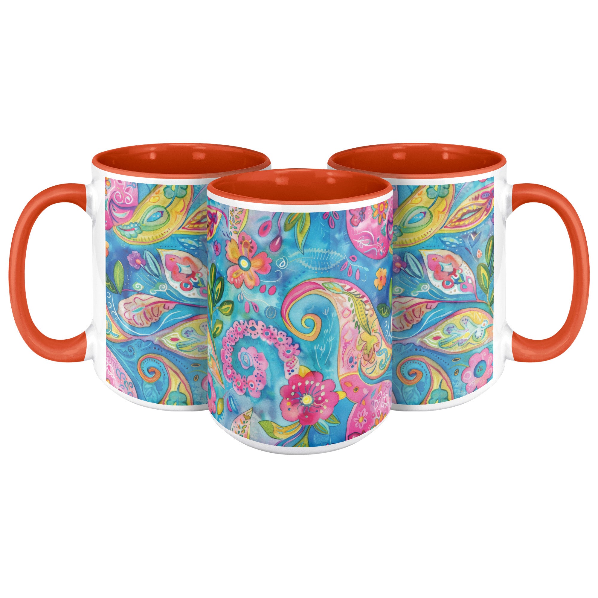 Bright Boho Paisley Mug, 15 oz Ceramic Coffee Cup with Orange Accent | Bohemian Kitchen Decor, Gift for Her, Unique Tea Cup