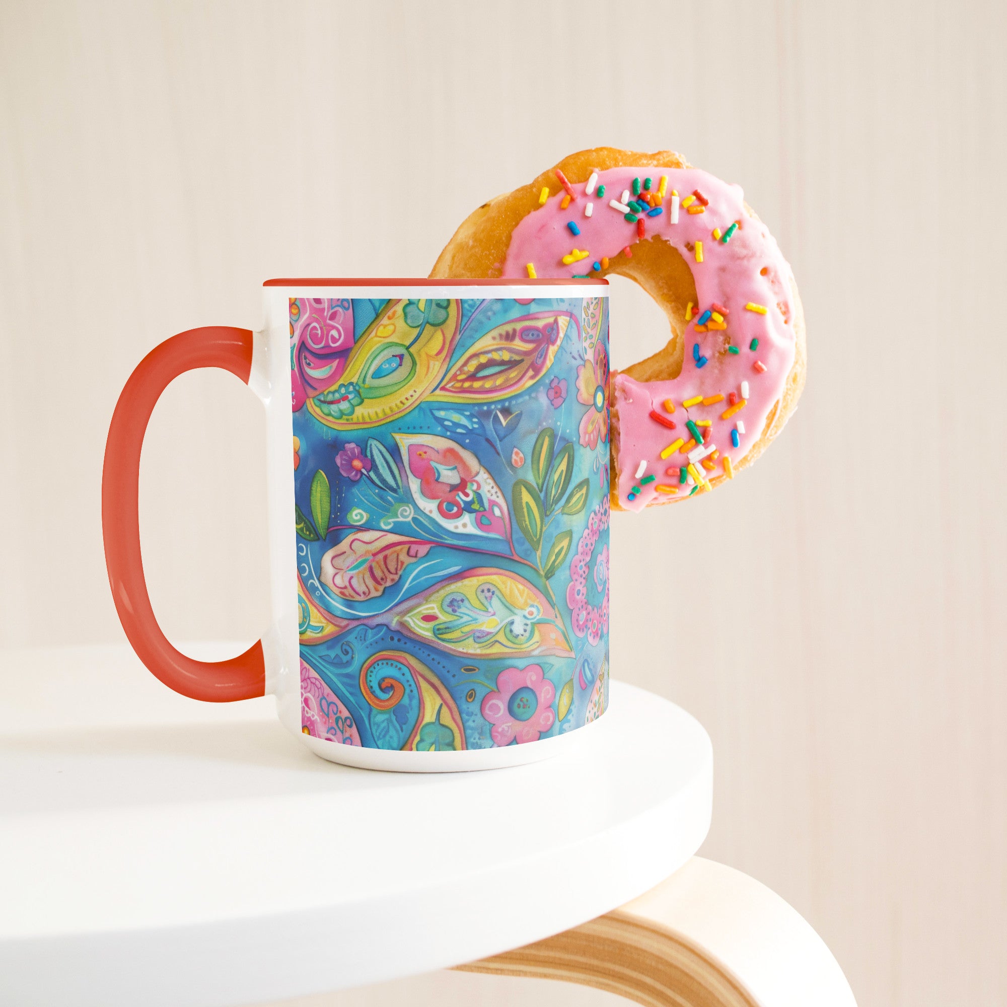 Bright Boho Paisley Mug, 15 oz Ceramic Coffee Cup with Orange Accent | Bohemian Kitchen Decor, Gift for Her, Unique Tea Cup