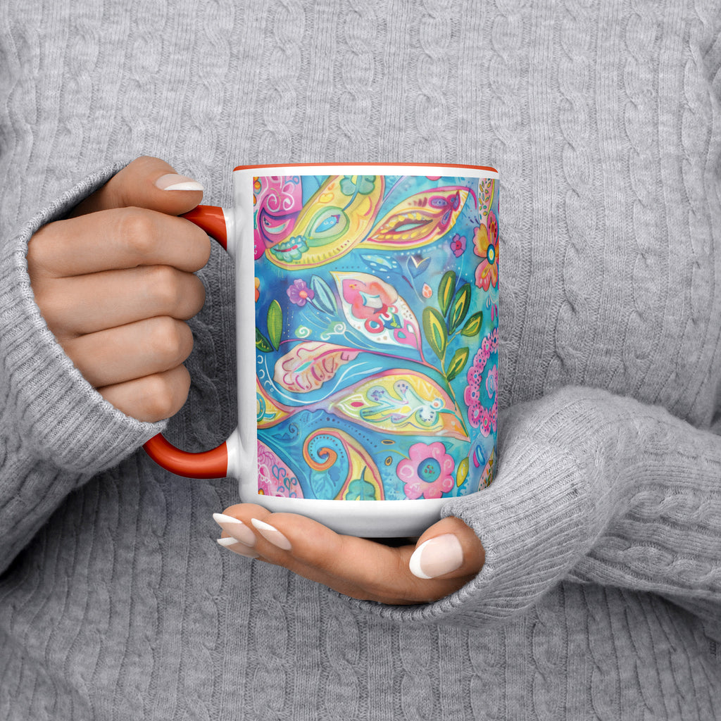 Bright Boho Paisley Mug, 15 oz Ceramic Coffee Cup with Orange Accent | Bohemian Kitchen Decor, Gift for Her, Unique Tea Cup
