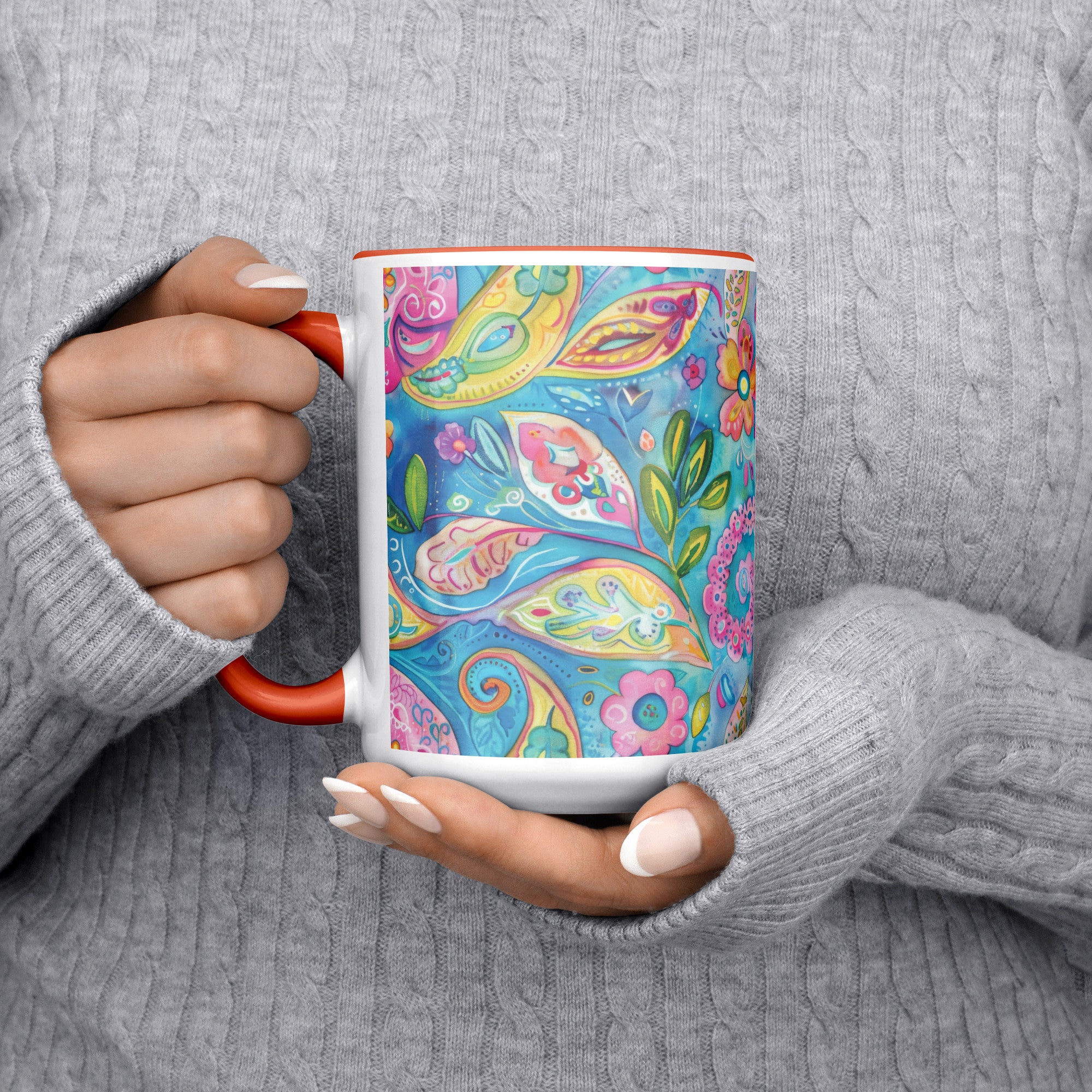 Bright Boho Paisley Mug, 15 oz Ceramic Coffee Cup with Orange Accent | Bohemian Kitchen Decor, Gift for Her, Unique Tea Cup