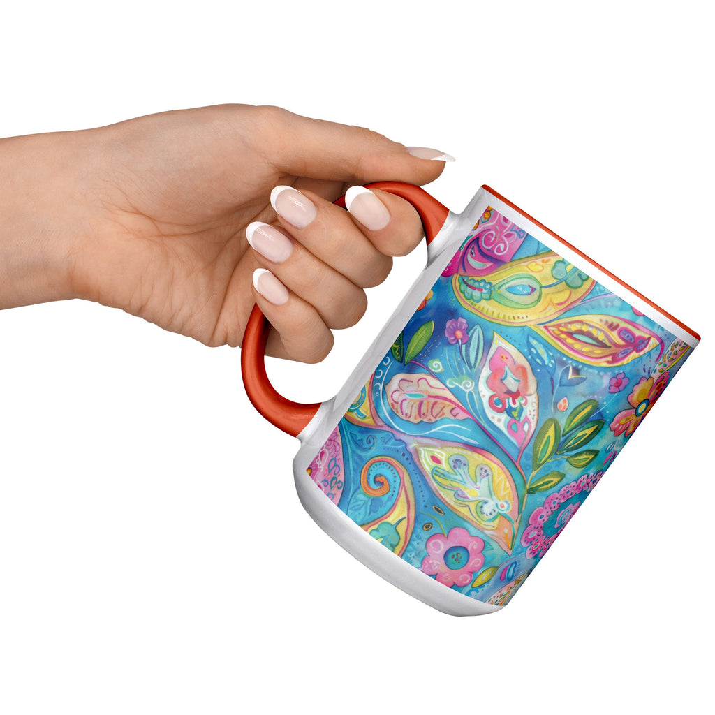 Bright Boho Paisley Mug, 15 oz Ceramic Coffee Cup with Orange Accent | Bohemian Kitchen Decor, Gift for Her, Unique Tea Cup