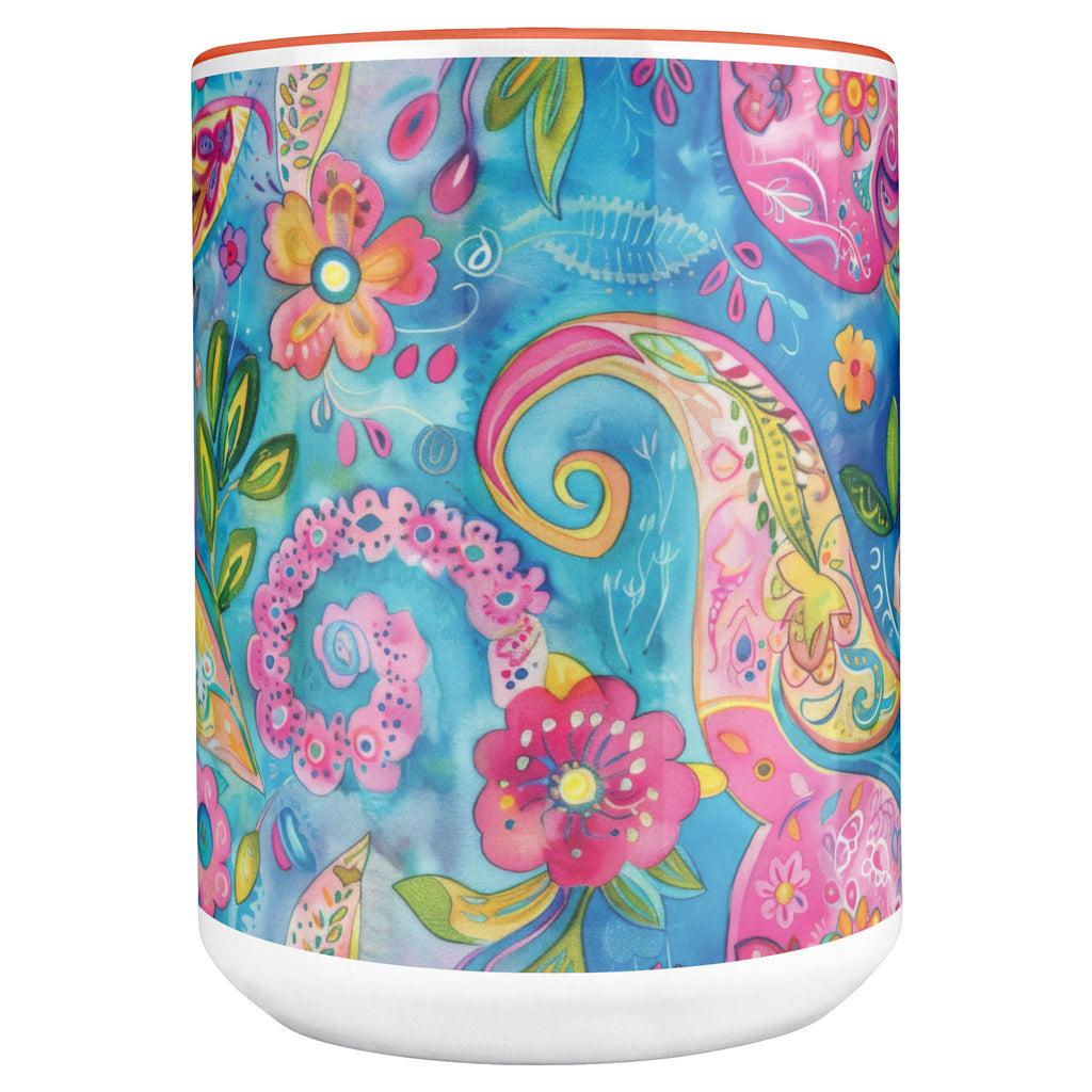 Bright Boho Paisley Mug, 15 oz Ceramic Coffee Cup with Orange Accent | Bohemian Kitchen Decor, Gift for Her, Unique Tea Cup