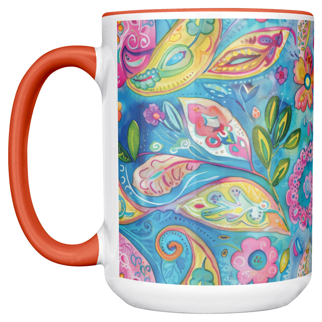 Bright Boho Paisley Mug, 15 oz Ceramic Coffee Cup with Orange Accent | Bohemian Kitchen Decor, Gift for Her, Unique Tea Cup